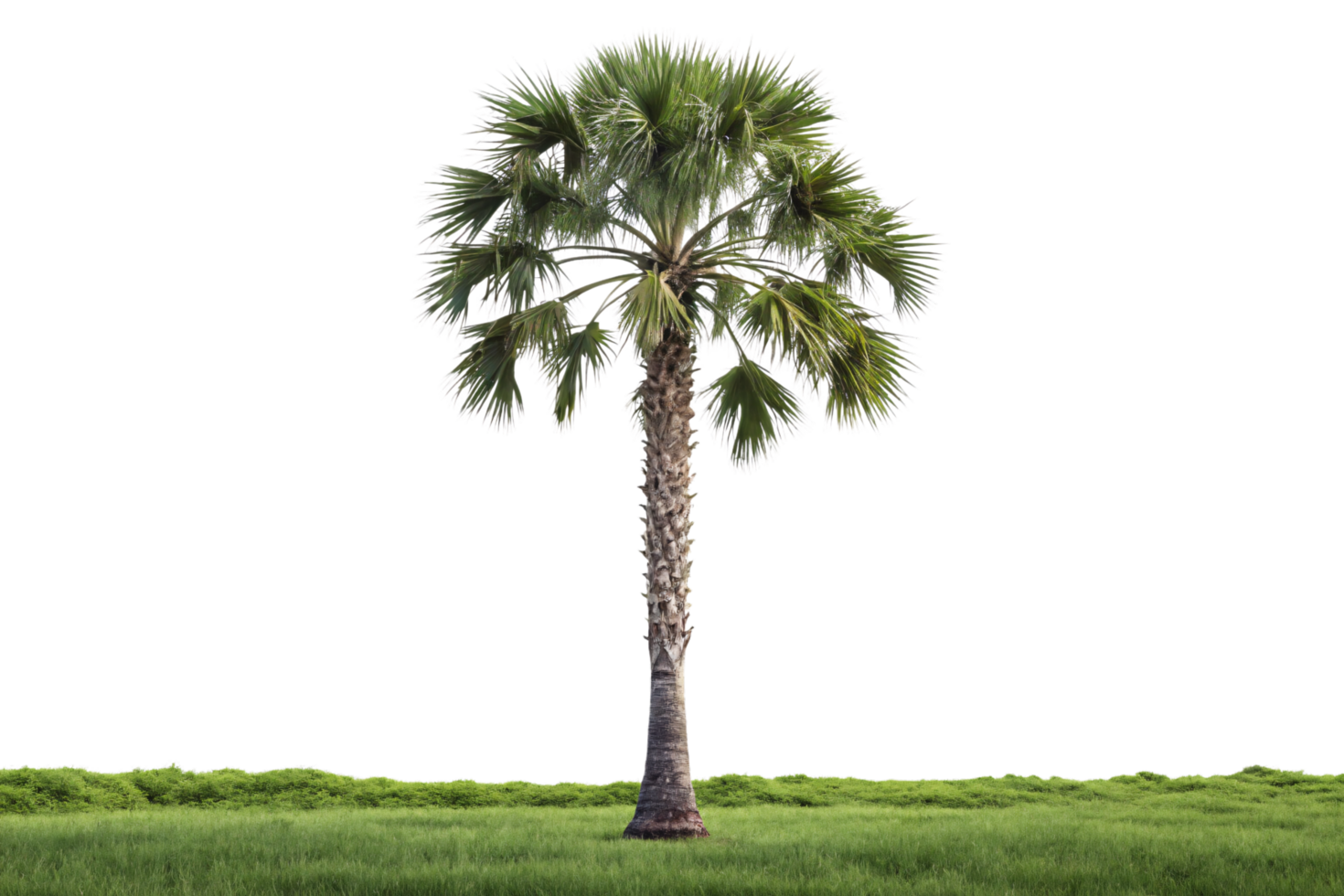 A solitary fan palm tree standing in lush green grass, with symmetrical fan-shaped leaves reflecting a serene and tropical landscape png