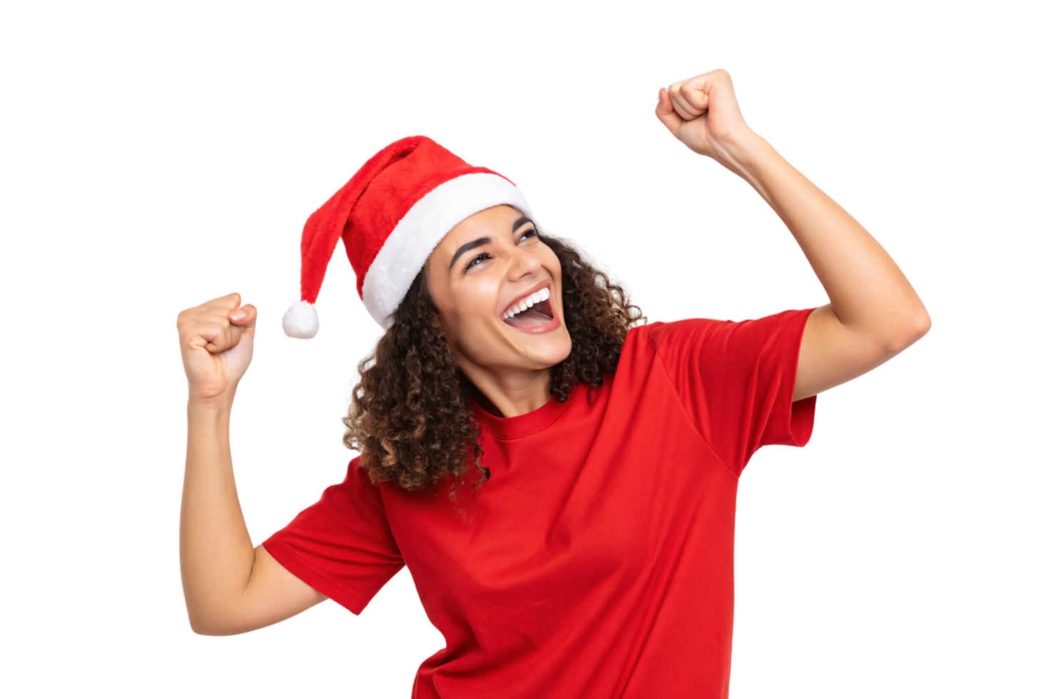 A smiling woman in a Santa hat and red shirt, raising fists in celebration, embodying festive holiday spirit png