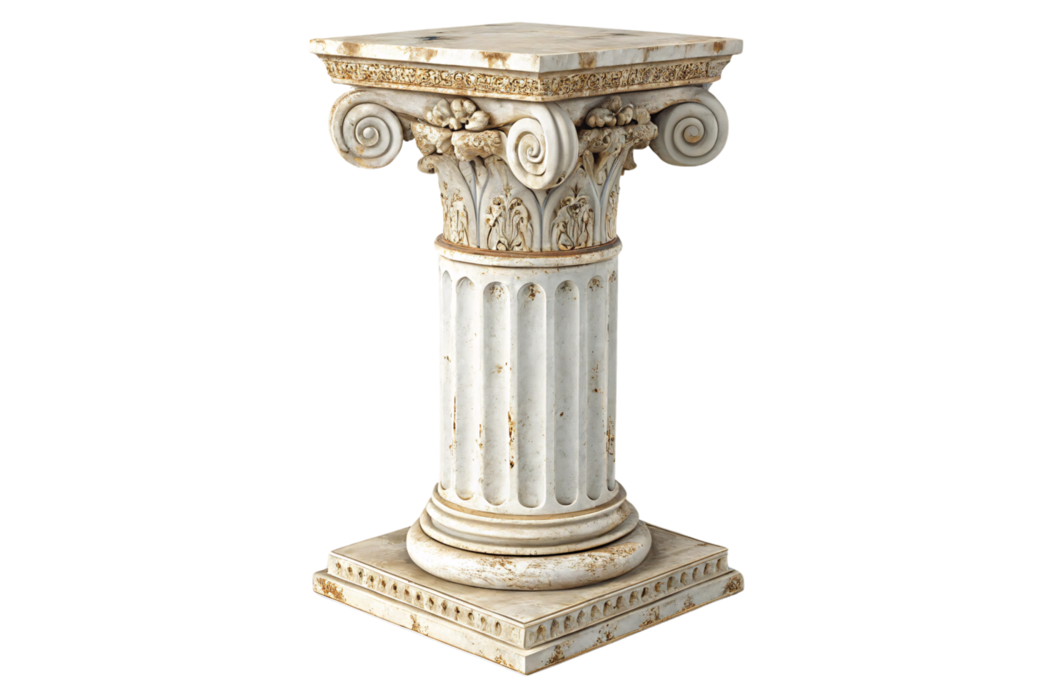 Elegantly carved Ionic column with intricate floral motifs and a fluted design. Its square capital showcases detailed craftsmanship in a classical style png