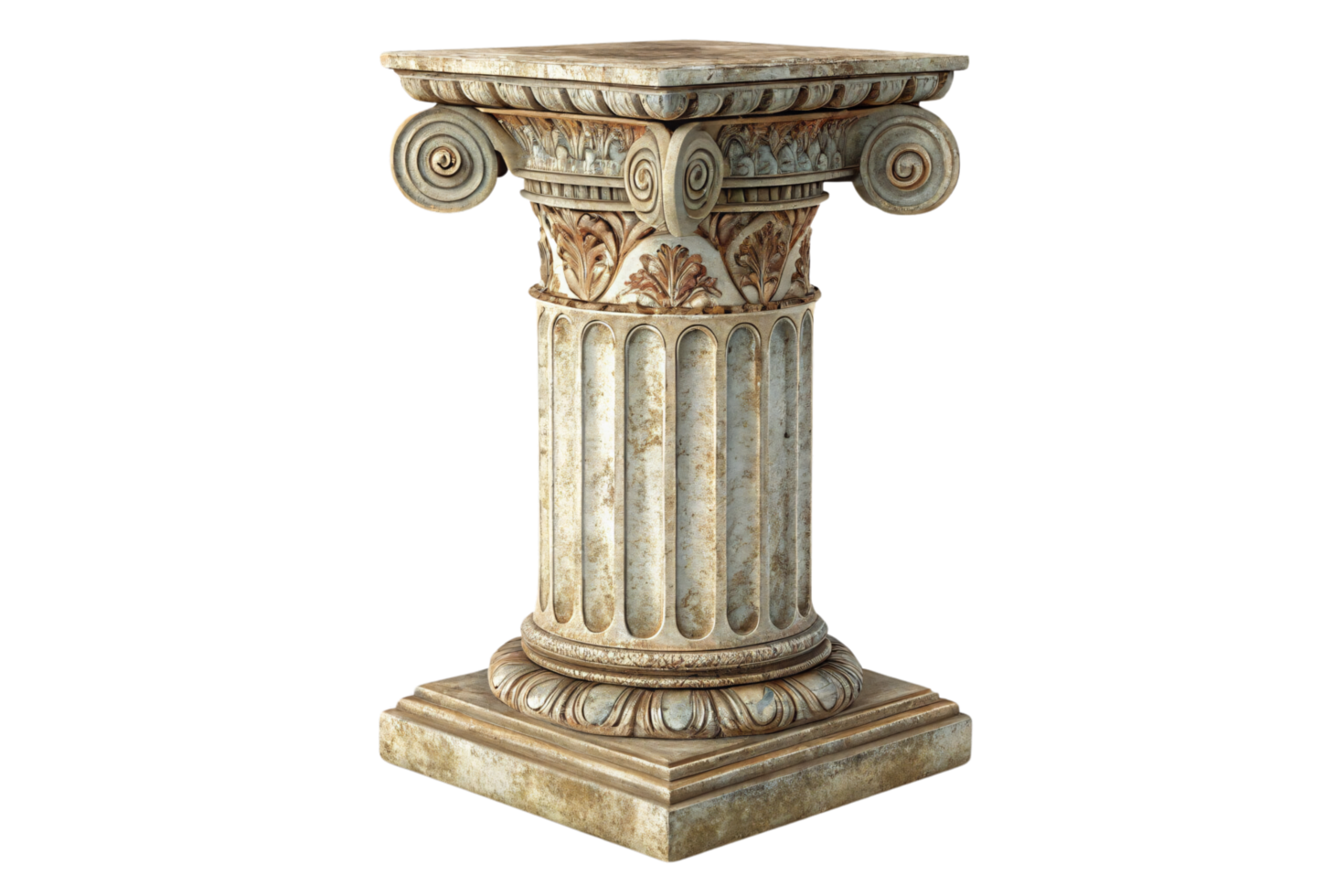 A timeworn Ionic column with exquisite carvings and detailed foliage. Its rustic patina evokes a sense of ancient grandeur and classical elegance png