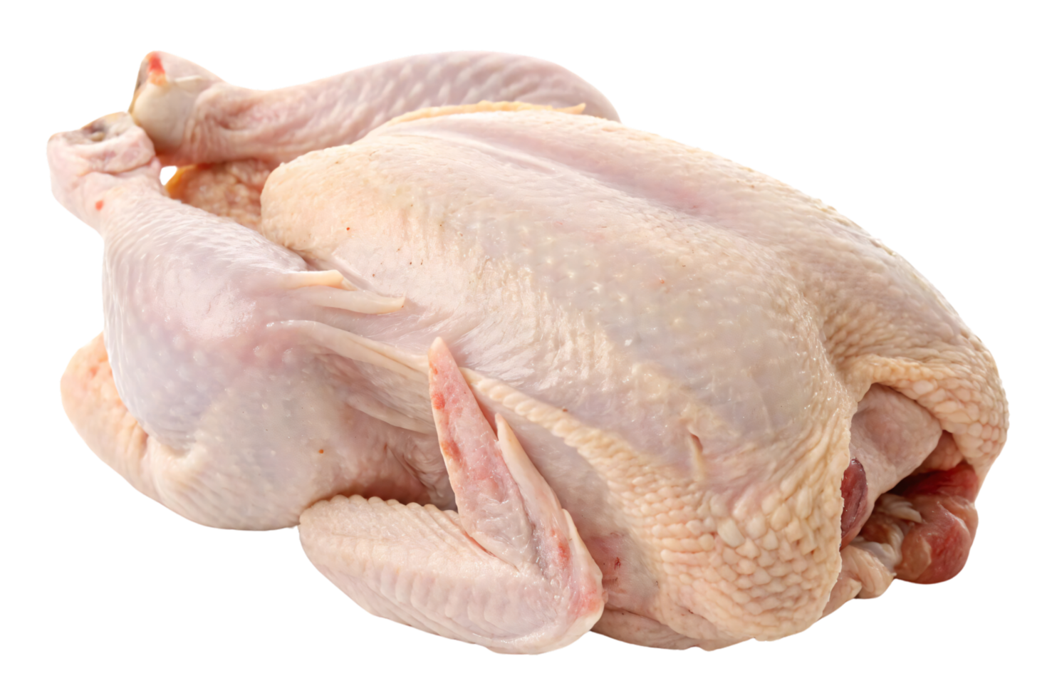 A perspective of a raw whole chicken, focusing on the detailed skin and plumpness, conveying freshness and premium quality for family meals png