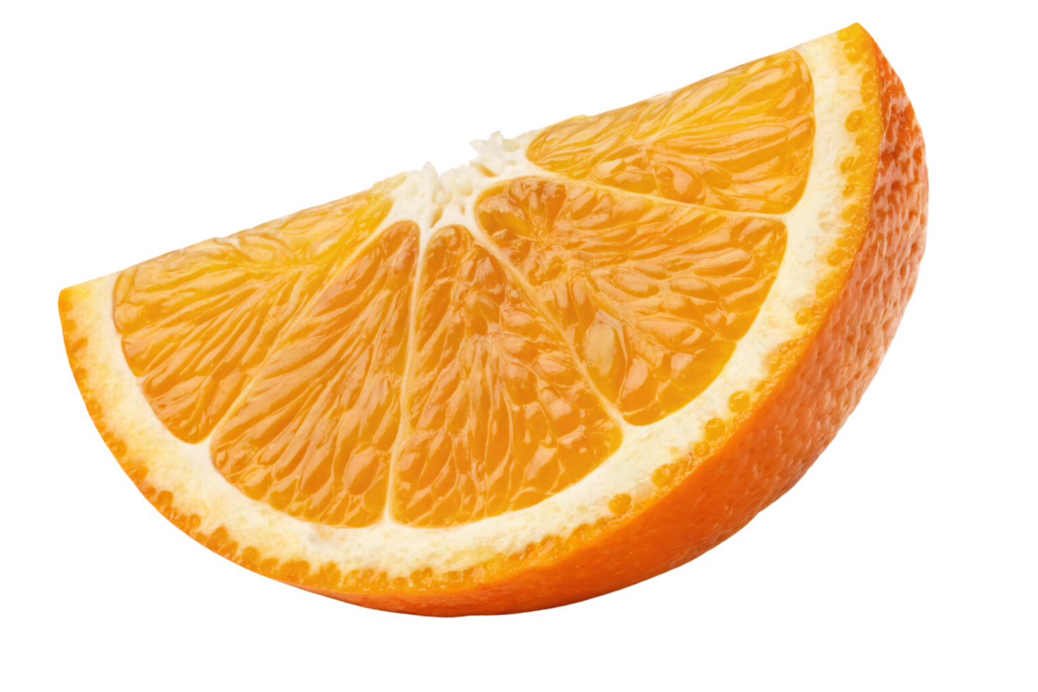 A slightly angled view of a vibrant orange wedge, highlighting juicy interior segments and the soft white pith along the edge png