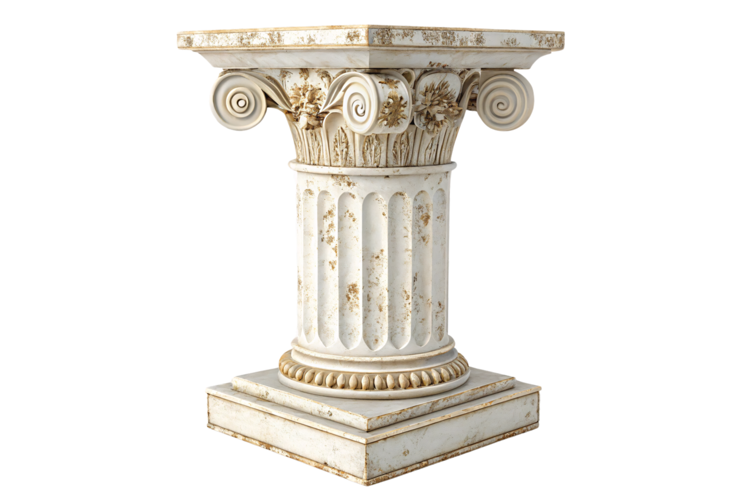A distressed Ionic-style column featuring ornate volutes, fluted shaft, and floral details. Its weathered appearance adds an antique charm and historical authenticity png