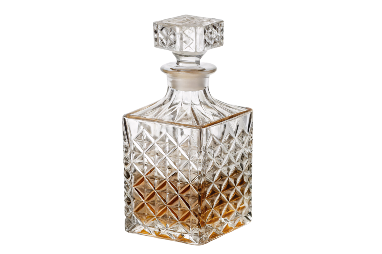 Elegant glass decanter with intricate diamond-cut design, partially filled with amber liquid, featuring a square stopper, perfect for vintage or whiskey enthusiasts png
