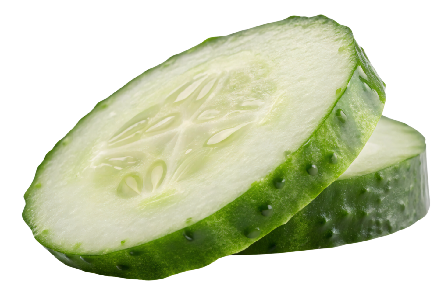 Two cucumber slices stacked, highlighting their smooth green skin, moist inner flesh, and evenly distributed seeds in the star-shaped core png