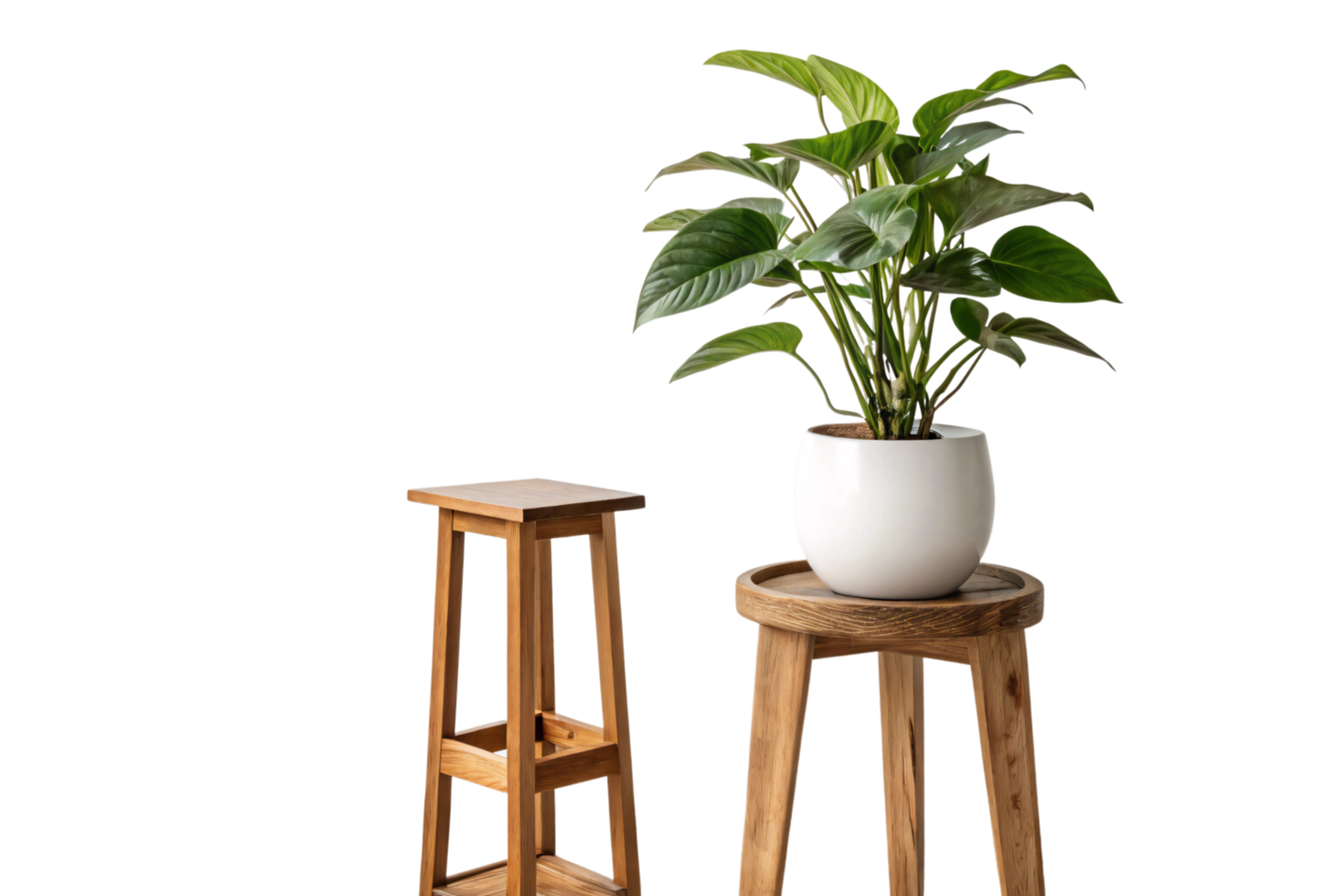 A broad-leaf plant in a white pot sits on a rustic stool, paired with a taller, empty wooden stool for balance png
