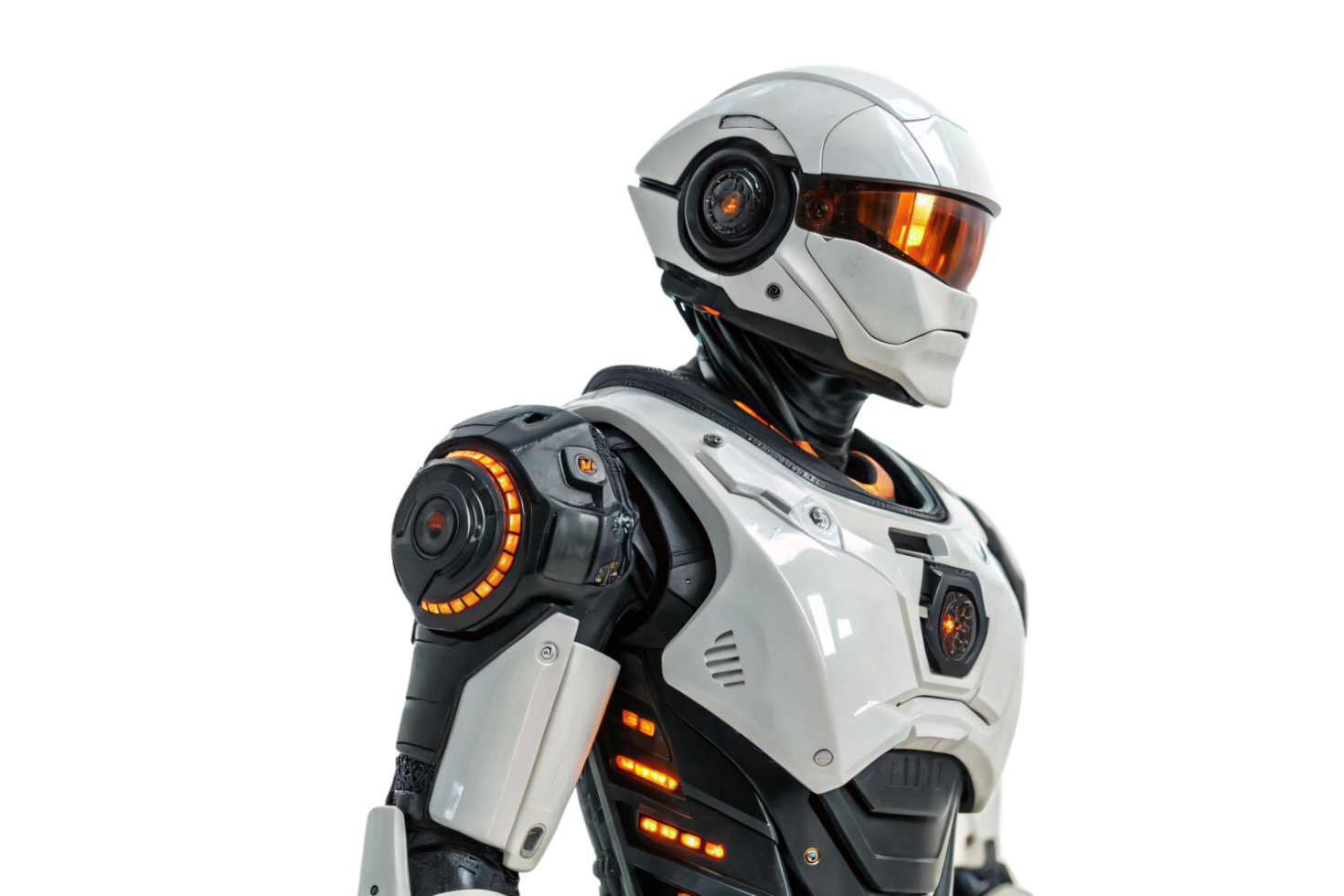 A white robotic design with glowing orange circuits, exuding an advanced, high-tech, military-grade appearance png