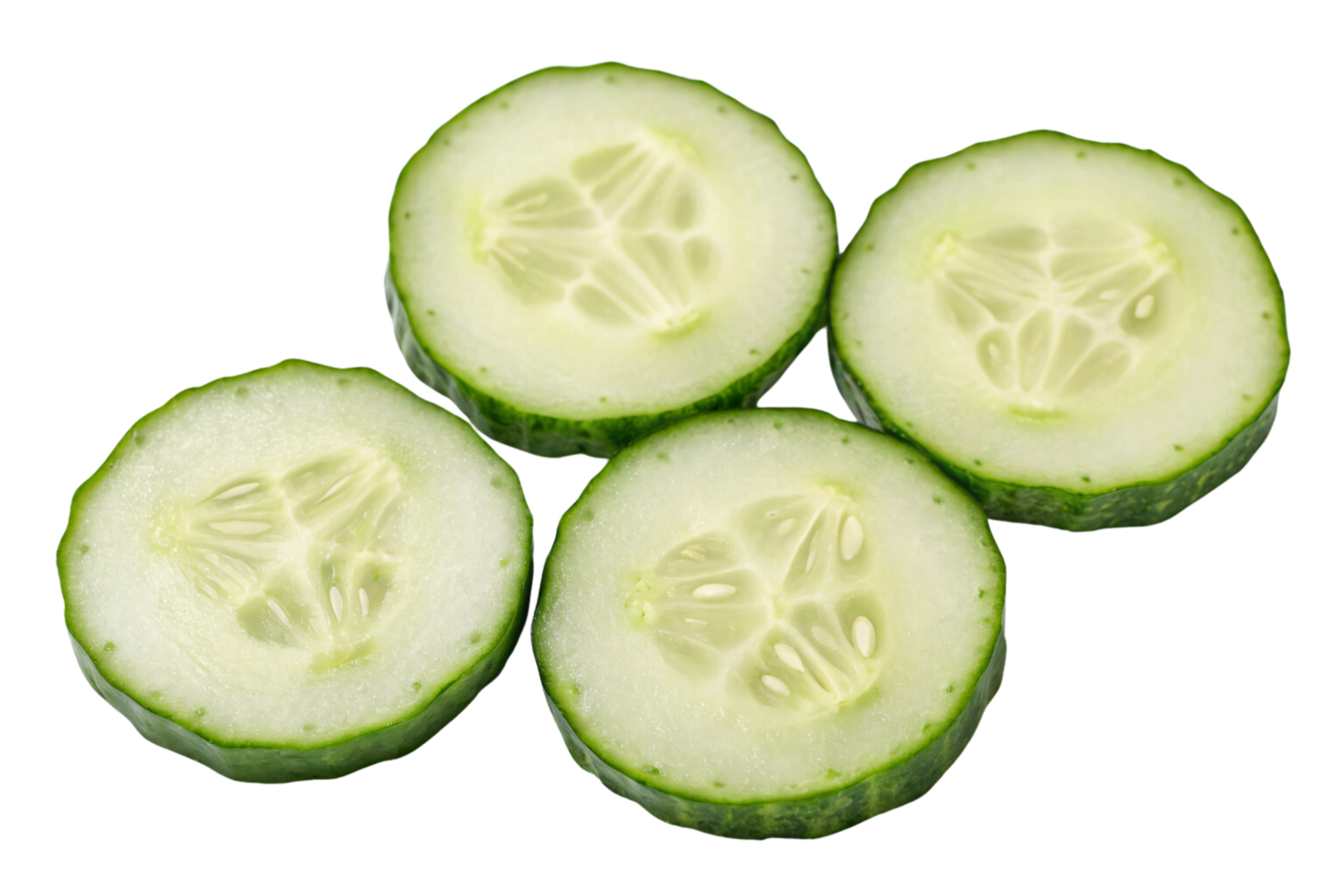 Cucumber slices positioned in a triangular pattern, highlighting their crisp and fresh inner layers with detailed seed structures png