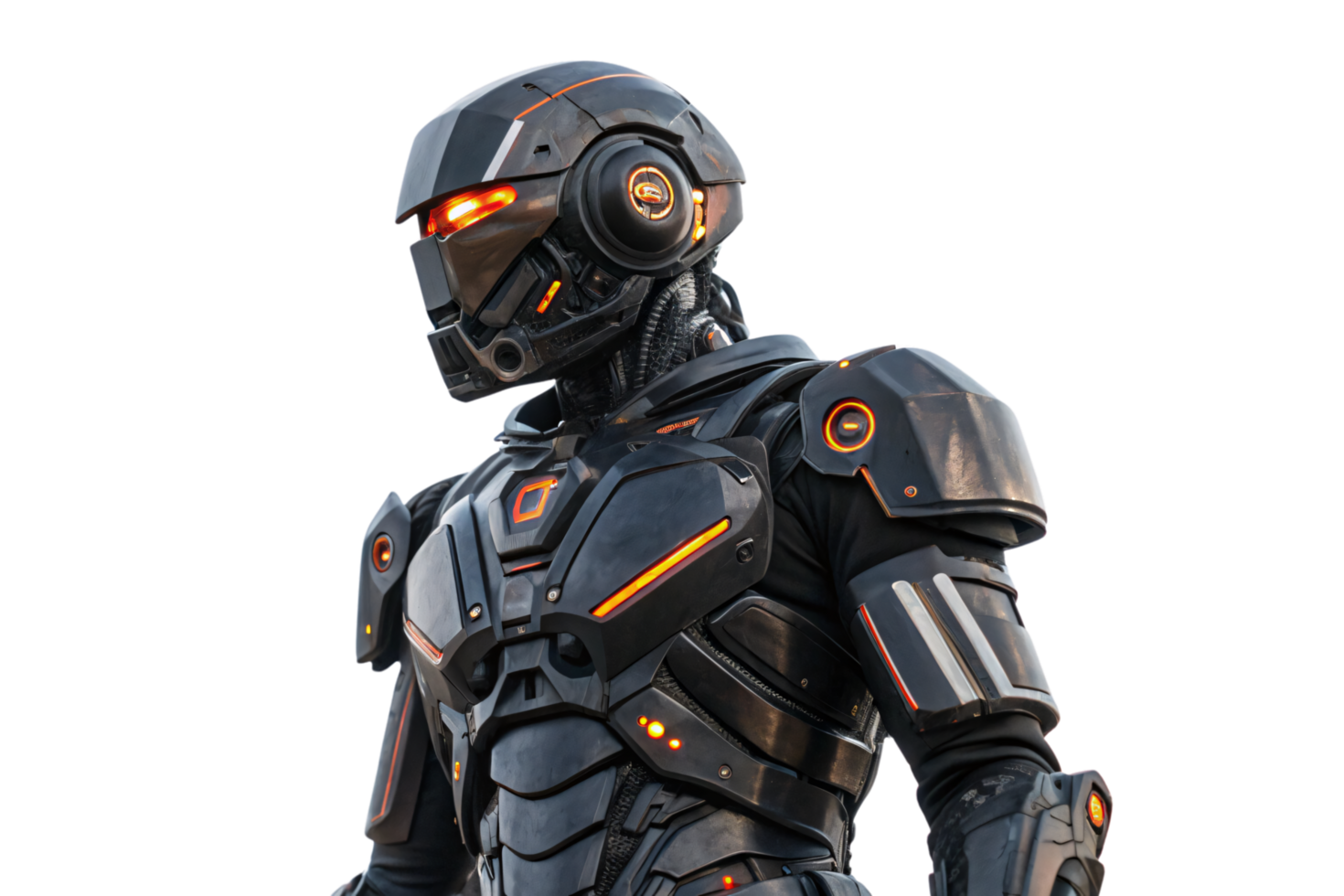A futuristic black robot with glowing orange highlights, intricate plating, and a rugged, battle-ready stance png