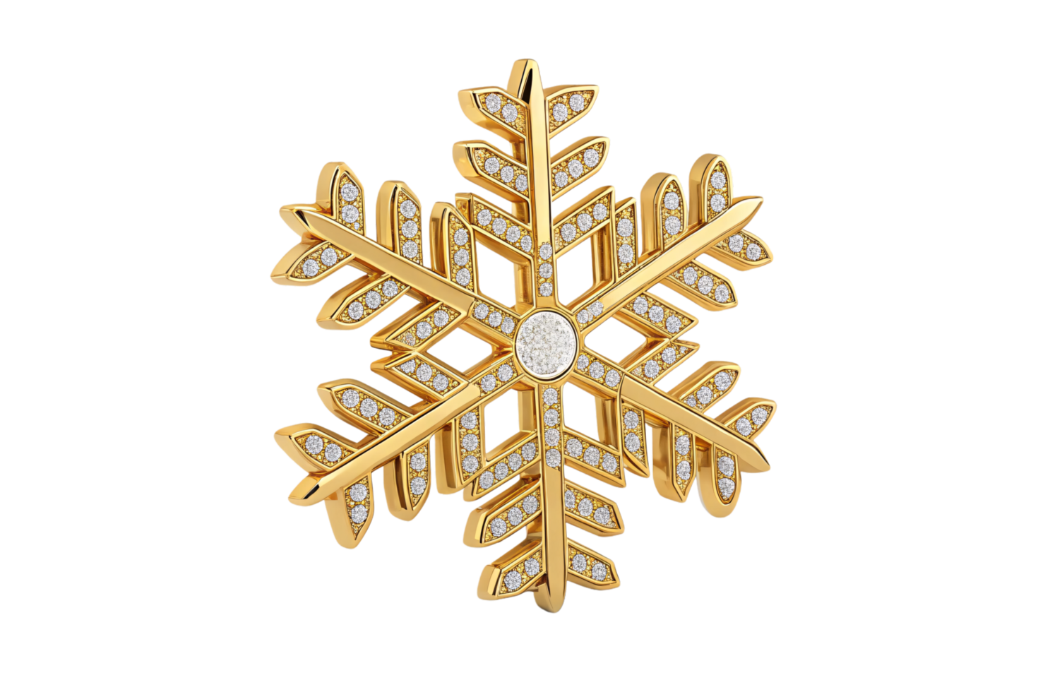 A golden snowflake adorned with sparkling diamond-like studs, radiating elegance and festive charm png