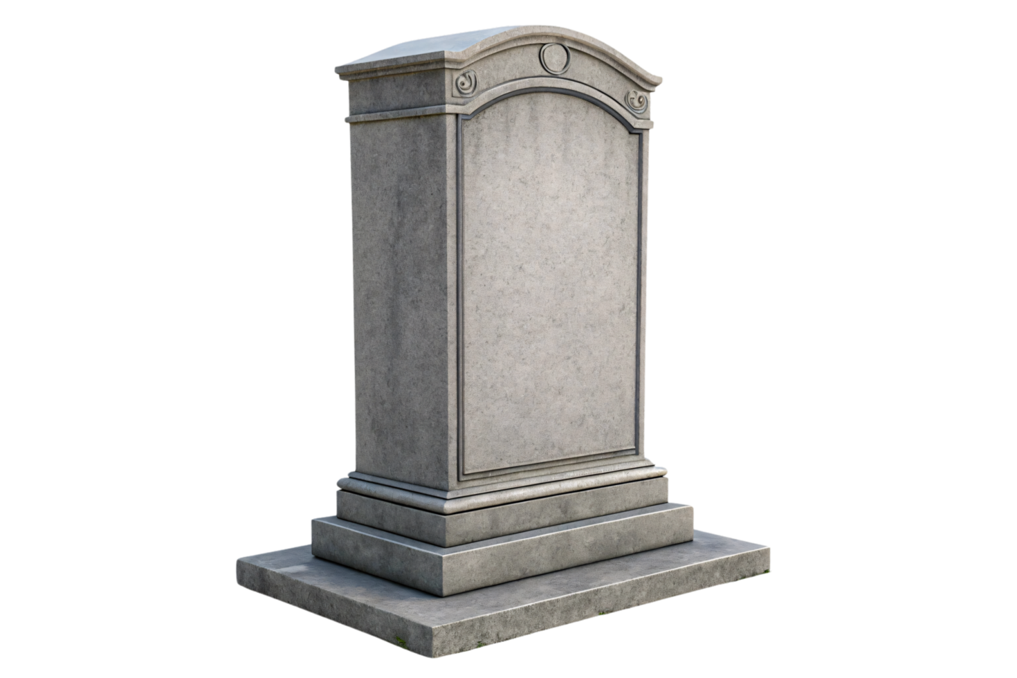 A gray stone monument with intricate details, including a rounded top and decorative carvings. The solid, rectangular base emphasizes durability and timelessness png