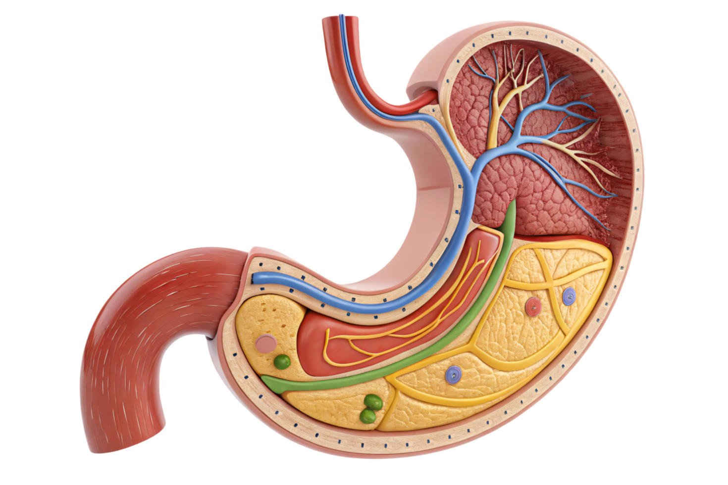A vivid stomach model with layered anatomy. Red vessels and nerves weave through, while internal folds display intricate details of the digestive system png