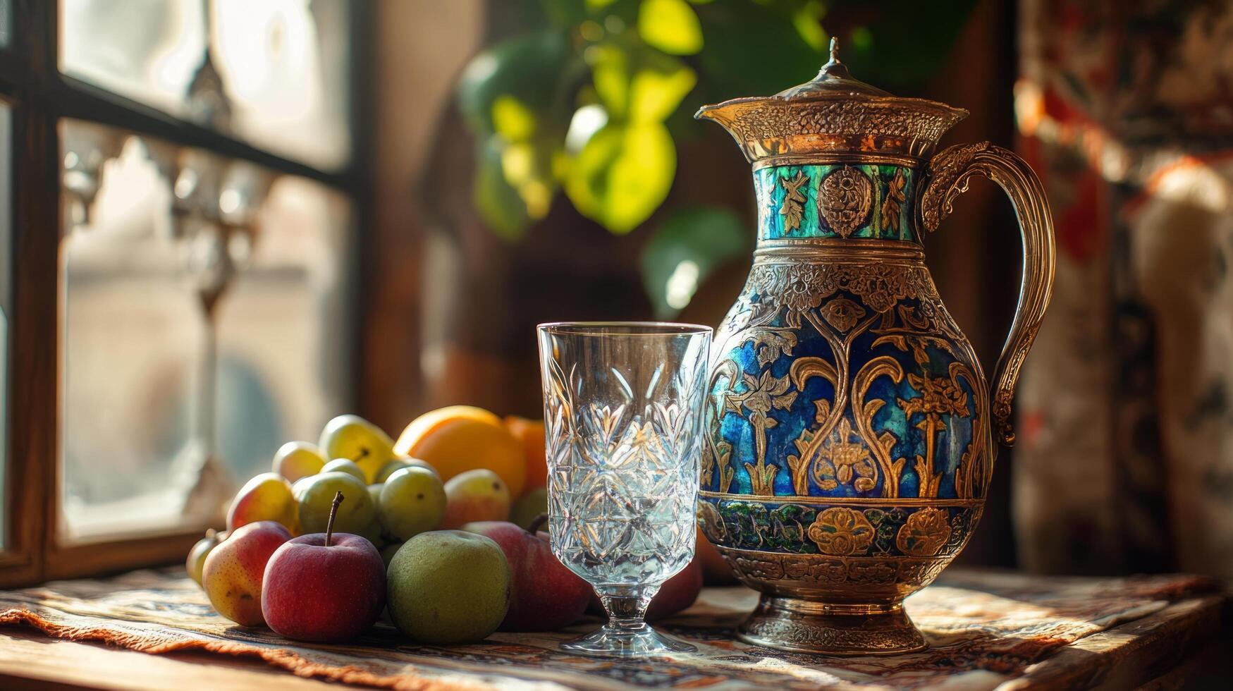 A vase and glass of water sit on a table photo