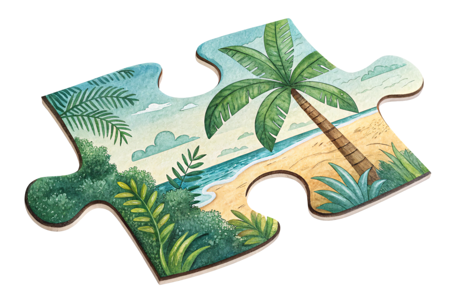 A tropical scene puzzle piece featuring a serene sandy beach, turquoise waters, lush palm trees, and foliage under a partly cloudy sky png
