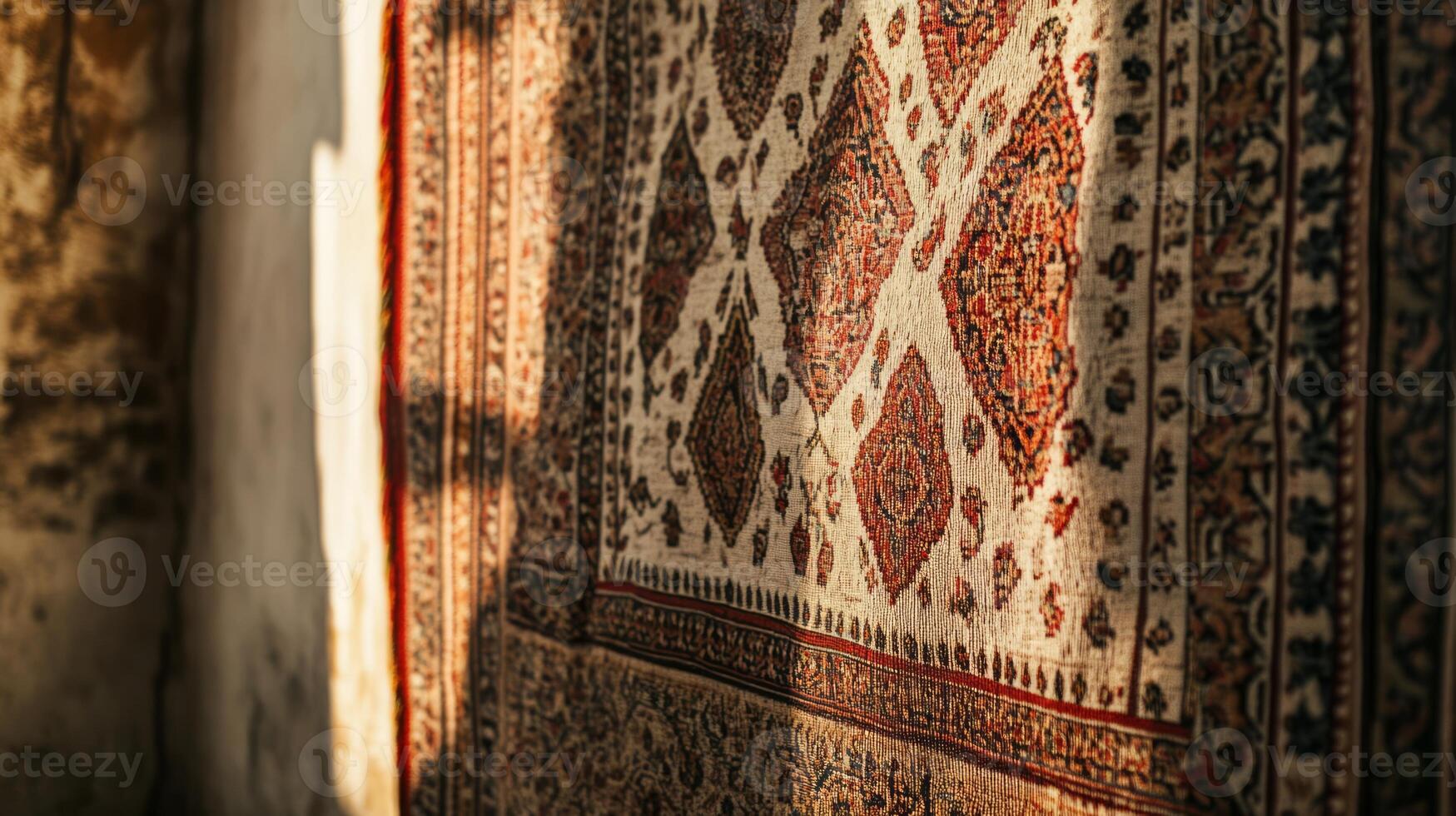 A rug is hanging on a wall photo