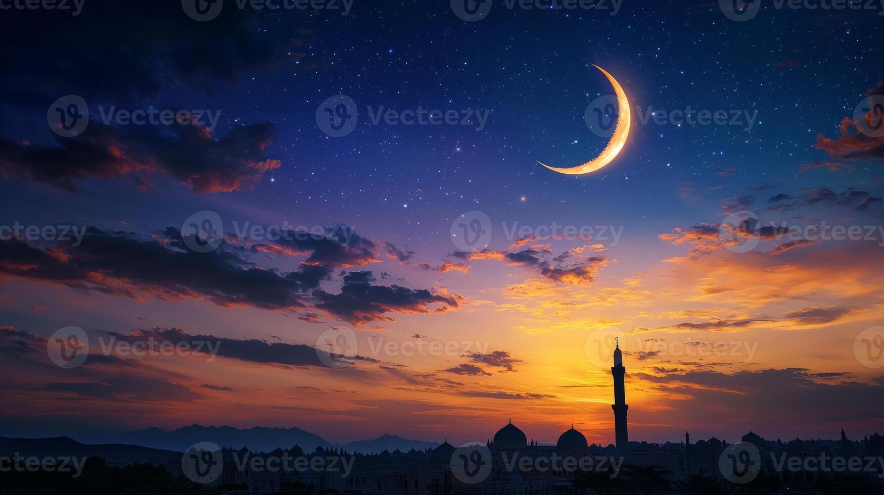 The crescent and moon are seen in the sky over a mosque photo
