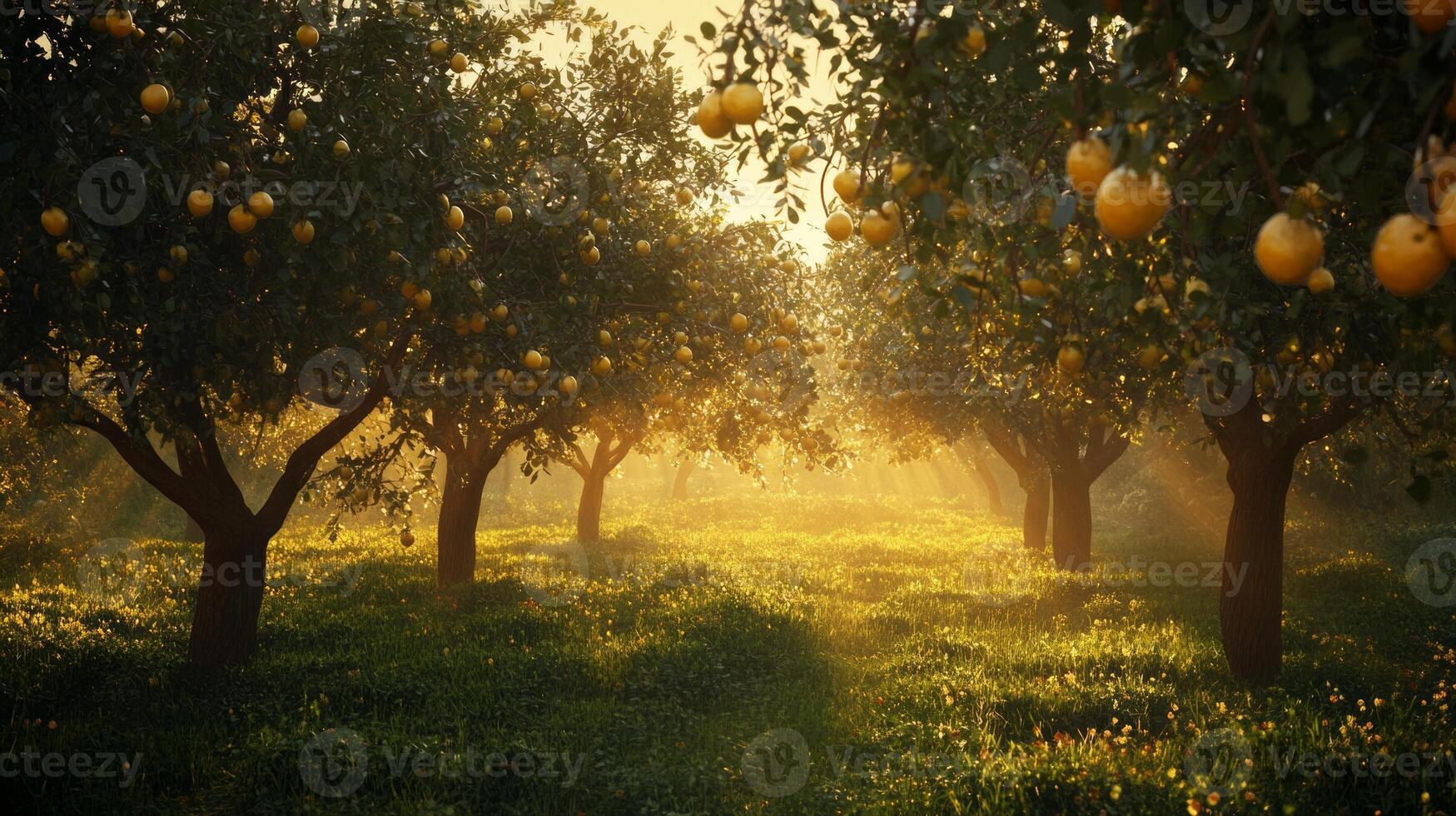 An orchard with many lemons growing in the sun photo
