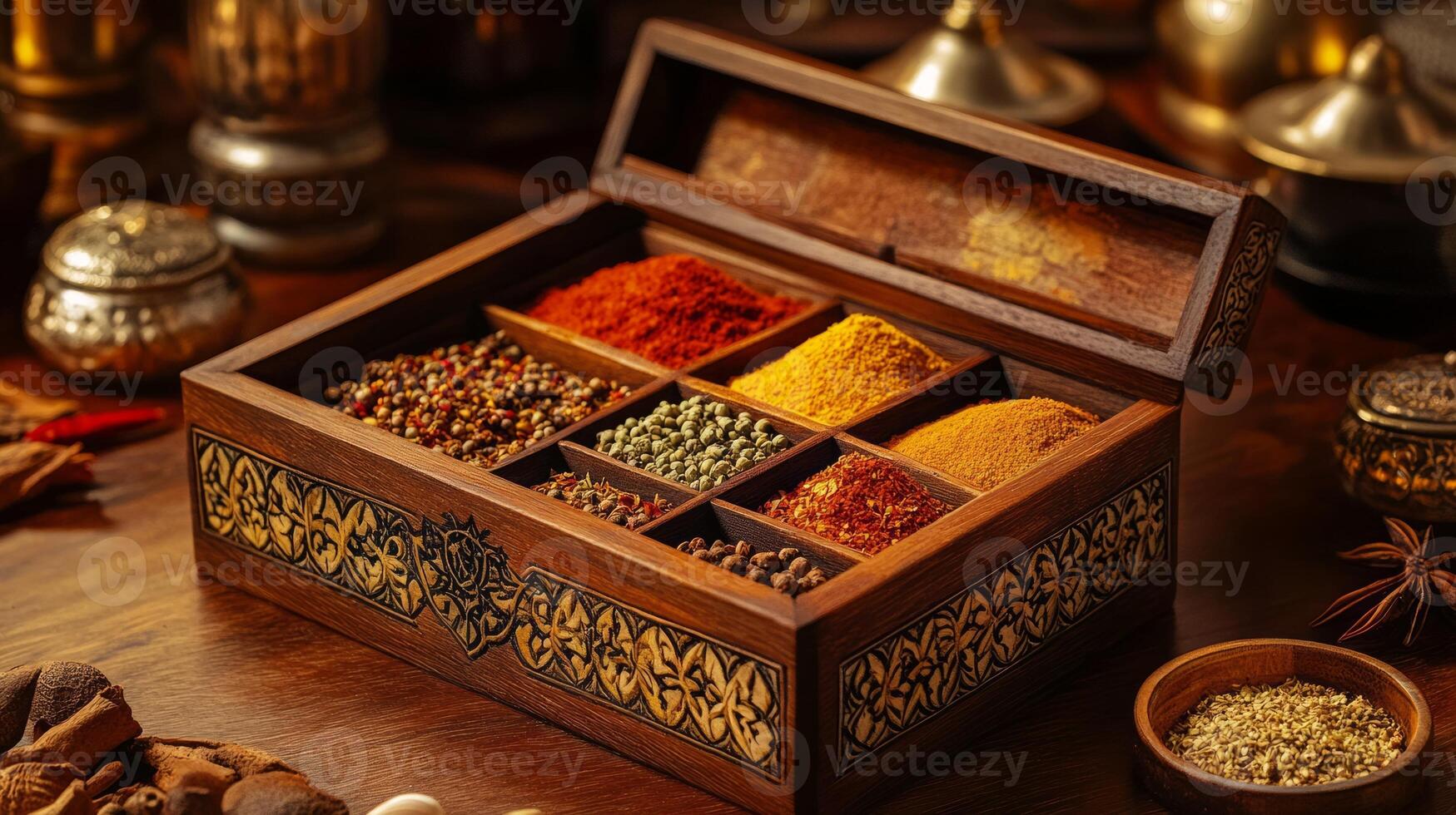 A wooden box with spices and spices on a table photo