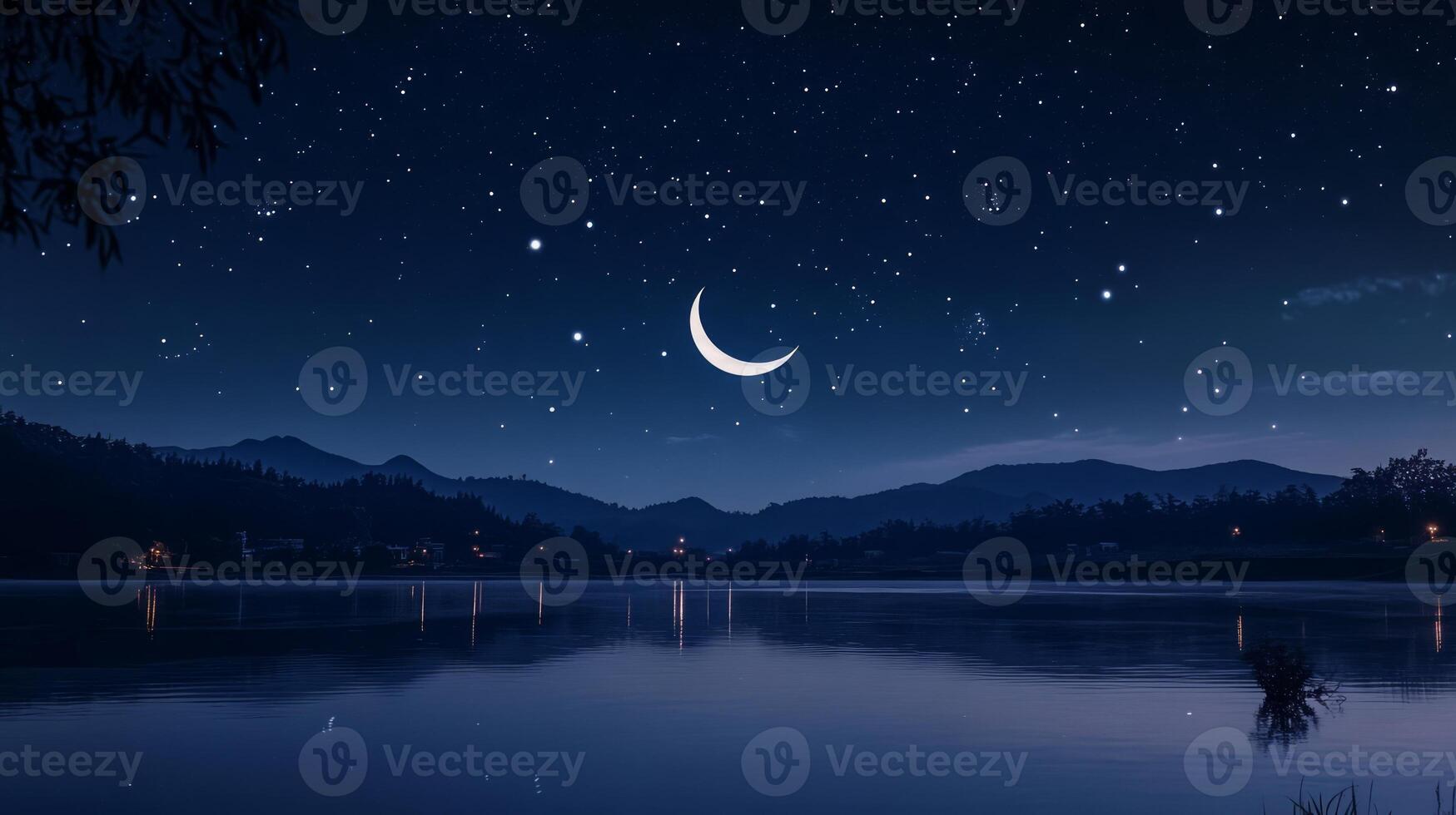 A crescent moon is seen over a lake at night photo