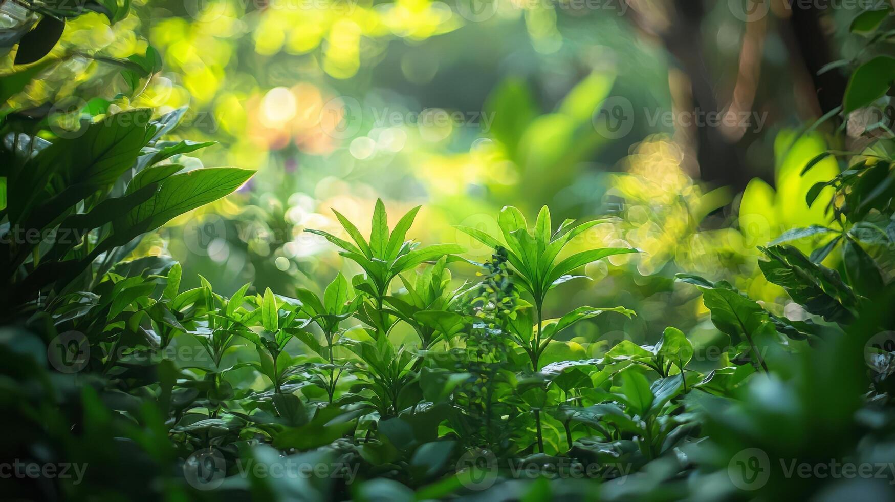 Green plants in the forest with sunlight photo
