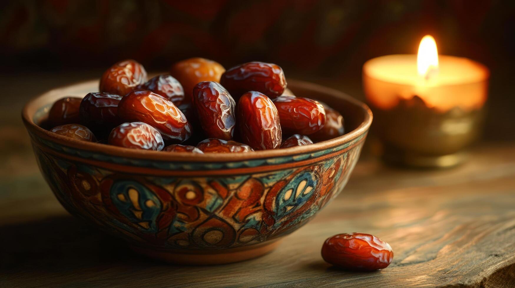 Dates in a bowl on a table with a candle photo