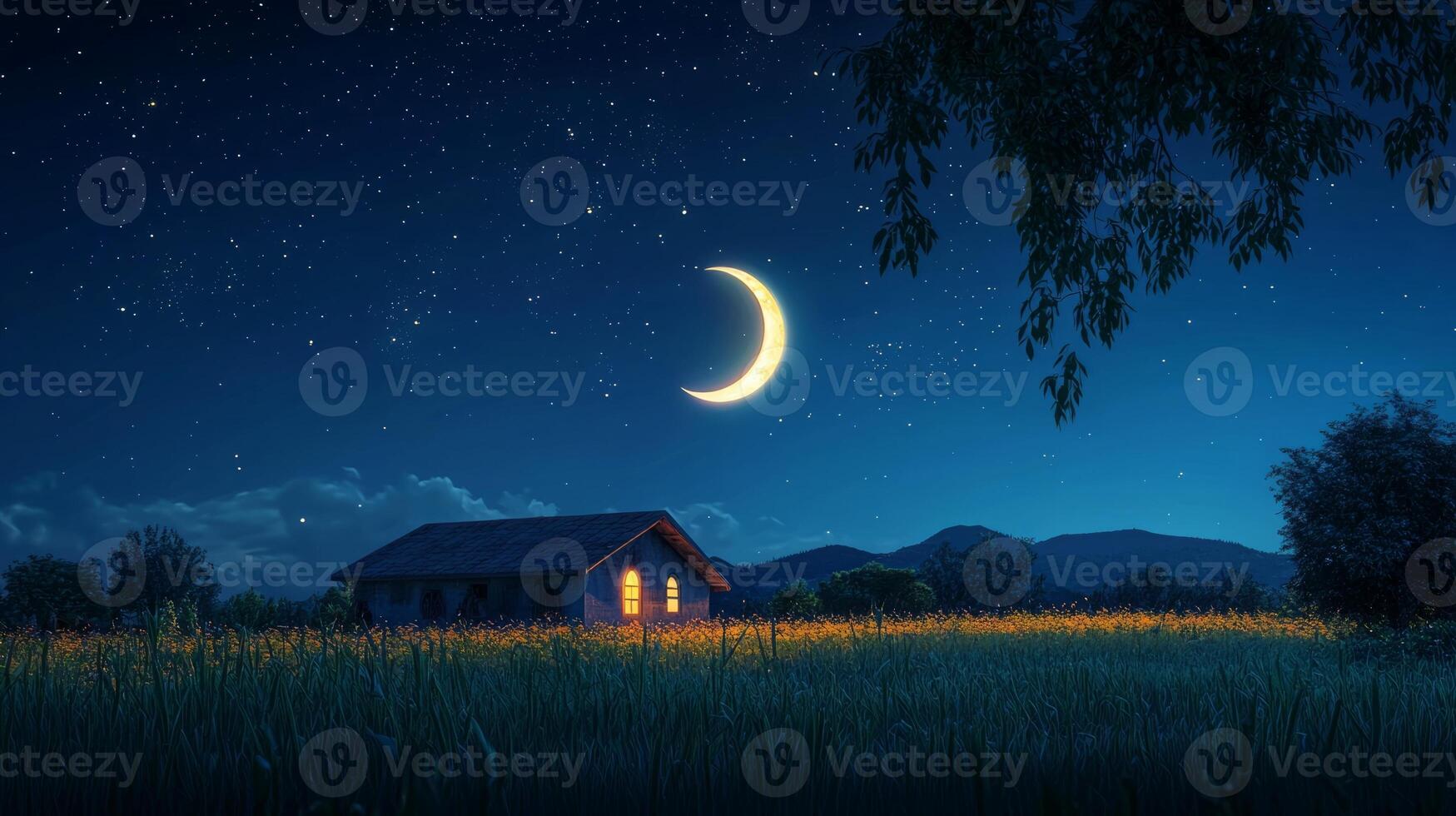 A house and a crescent in the night sky photo
