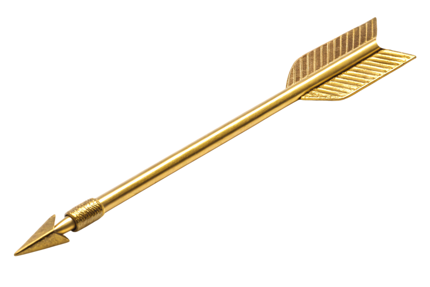 A stylized golden arrow with intricate feather-like fletching and a sharp triangular tip, designed with artistry and balance png