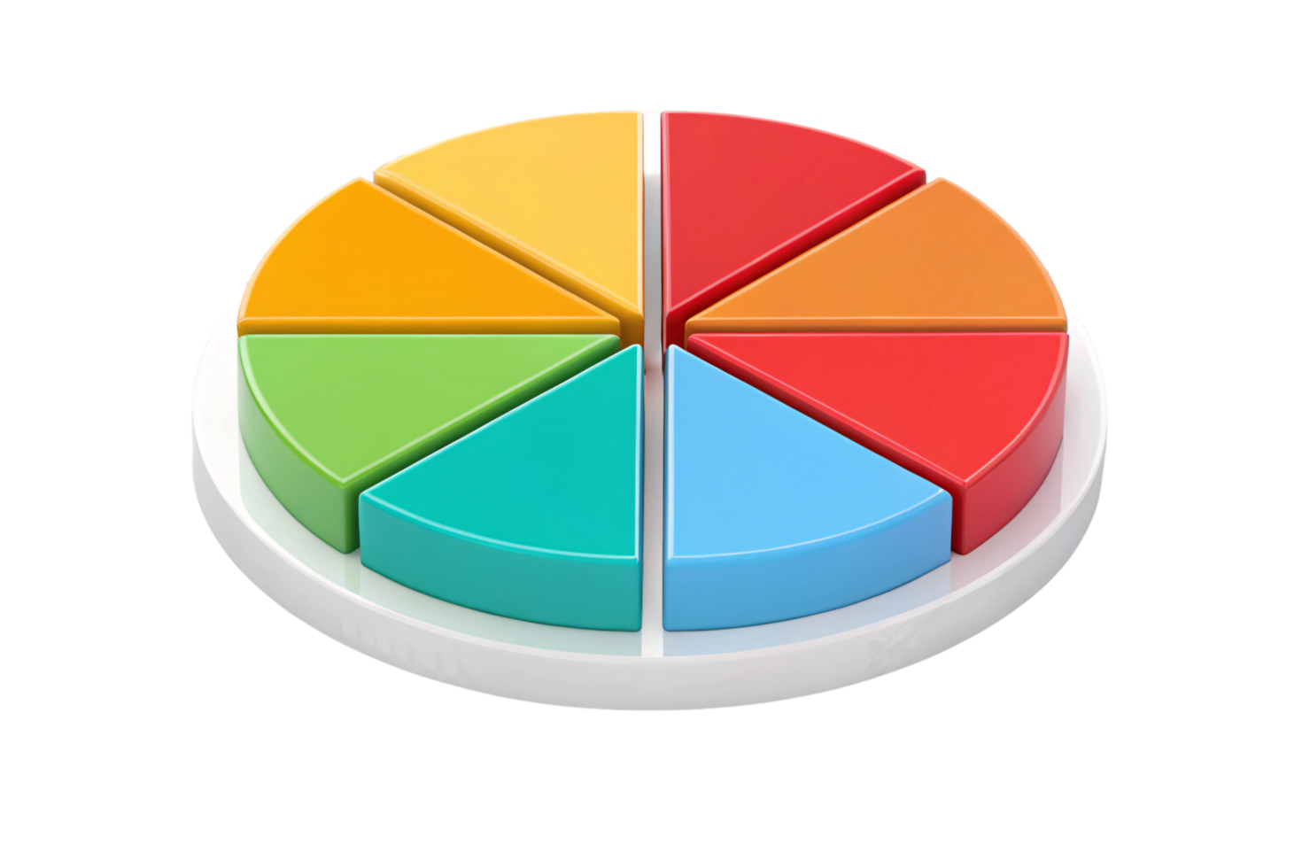 A colorful pie chart displayed on a white circular base, featuring bright, evenly segmented slices in yellow, red, blue, green, and orange png