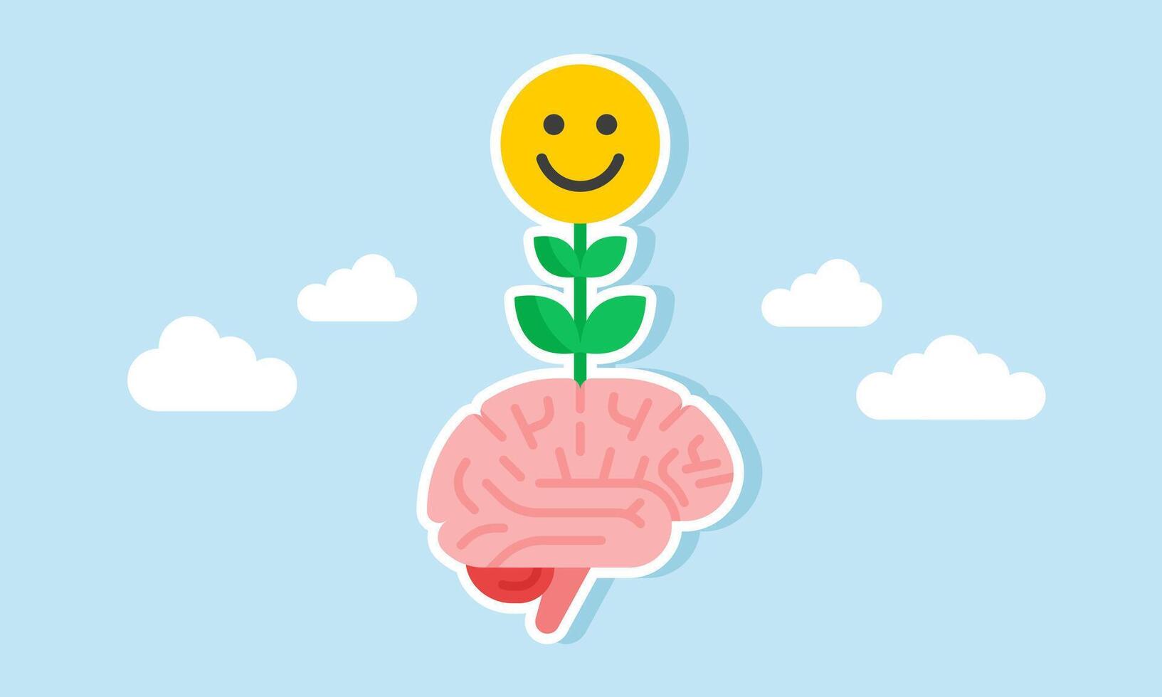 A flowering plant with a happy emoticon grows from the brain, illustration of a mindset that prioritizes people's attention or the market vector