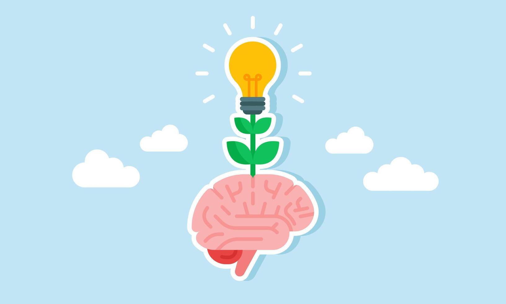 A lit lamp flowering plant grows from the brain, illustration of creativity, ideas, and business innovation emerging from critical thinking vector