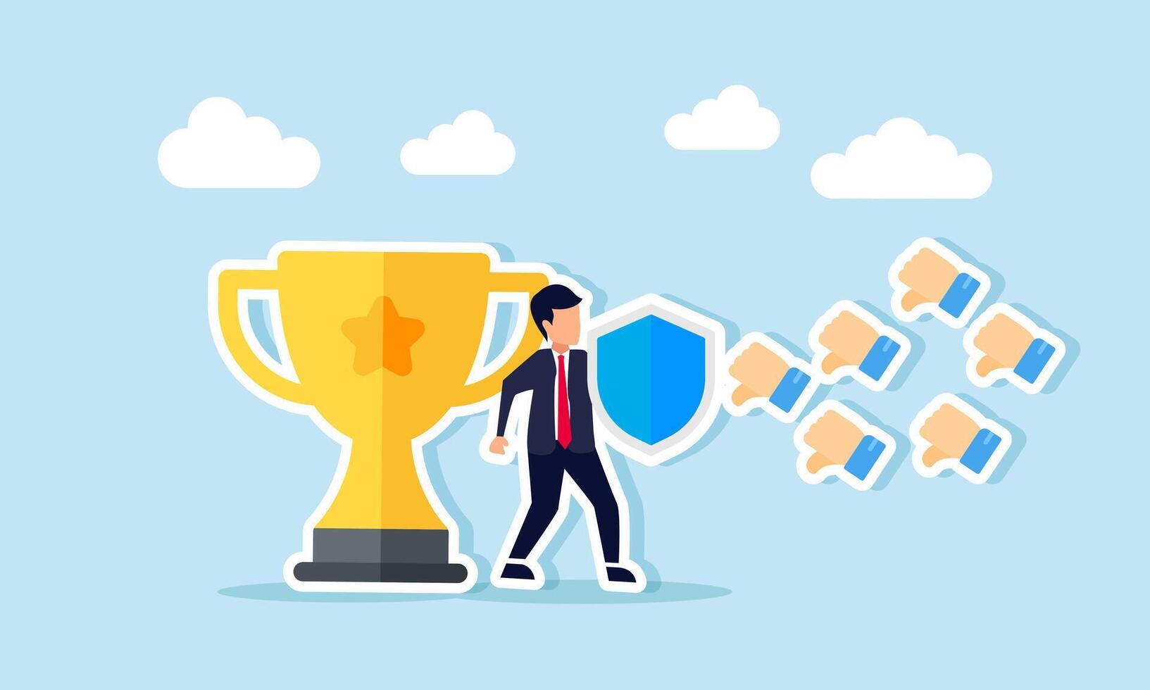 A businessman holds a shield, trying to protect a trophy from attacks by several thumbs-down emojis dislikes, illustration of warranty ensuring service and product quality vector