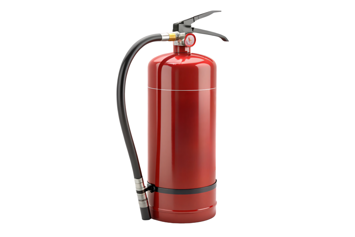 A polished red fire extinguisher with a black base and hose, projecting a modern, functional design essential for fire safety png