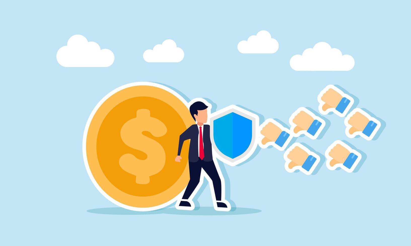 A businessman holds a shield, trying to protect a dollar coin from attacks by several thumbs-down emojis dislikes, illustration of insurance or warranty ensuring business financial assets vector