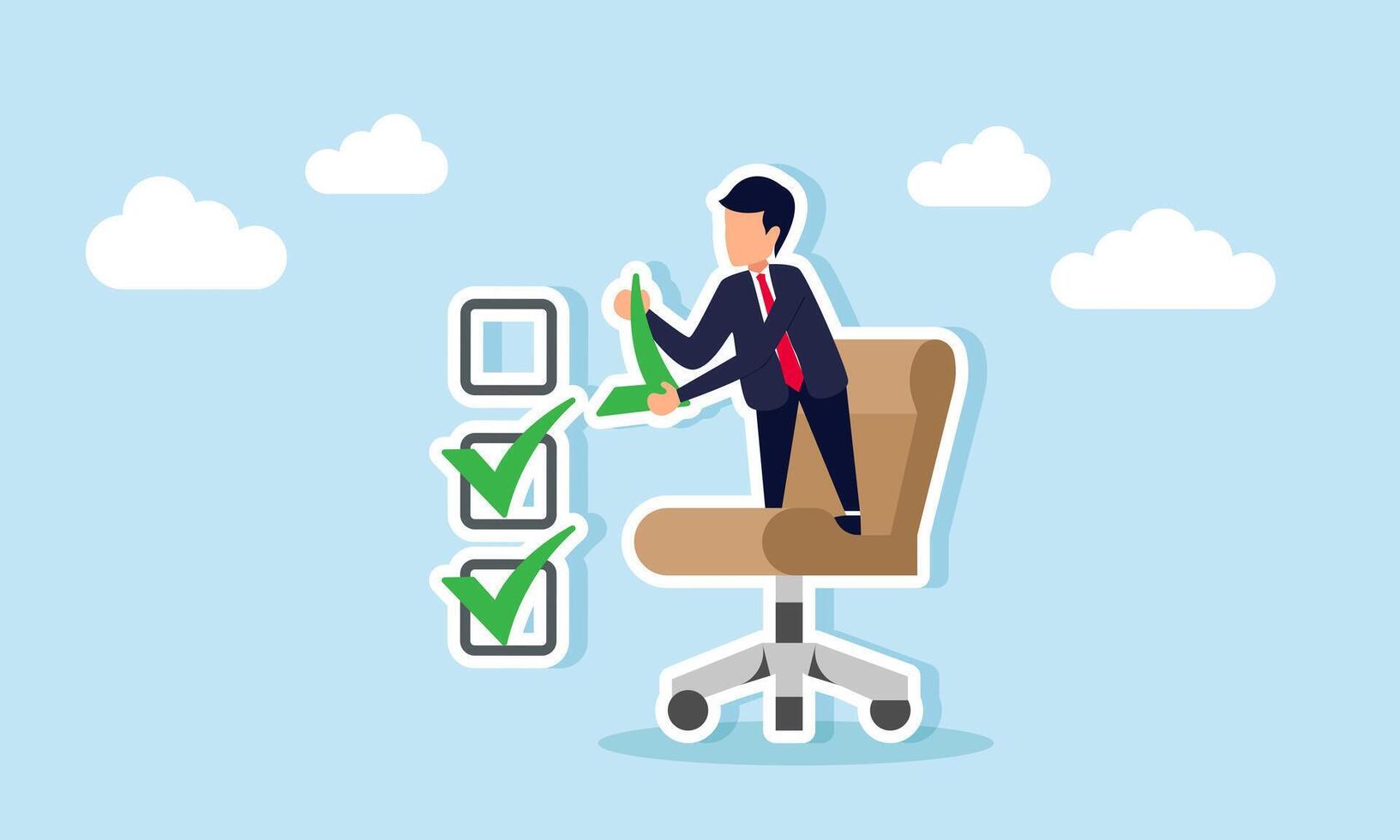 A businessman climbs an office chair to place a checkmark on a checklist column, illustration of completing business company tasks vector