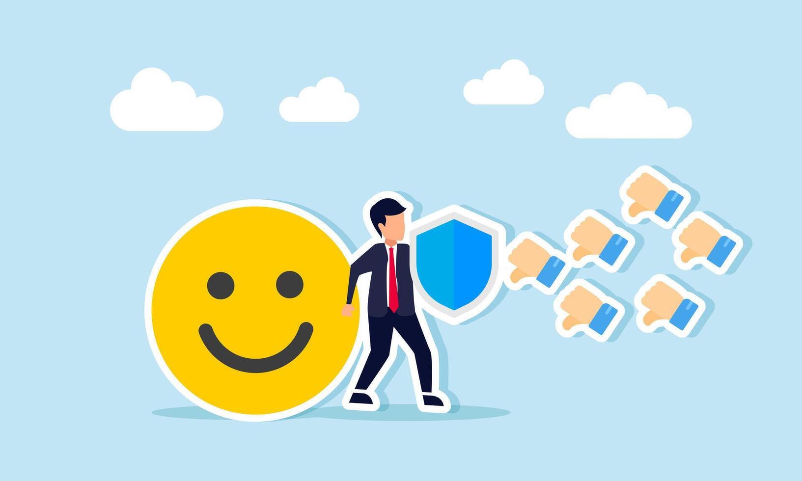 A businessman holds a shield, try to protect a happy emoticon from attacks by several thumbs down emojis dislikes, illustration of warranty ensuring market attention positive responses vector