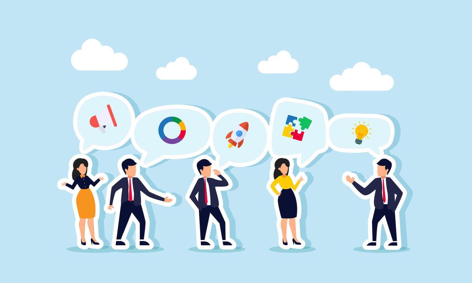 Businesspeople discuss a topic, lead to the appearance of an icon about creativity, ideas, and innovation in marketing, illustration of sharing about SEO, SEM, and marketing strategies vector