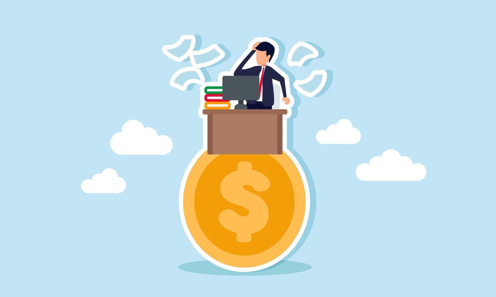 Businessman feels confused at a work desk placed on top of a dollar coin, illustration of confusion in managing company finances vector