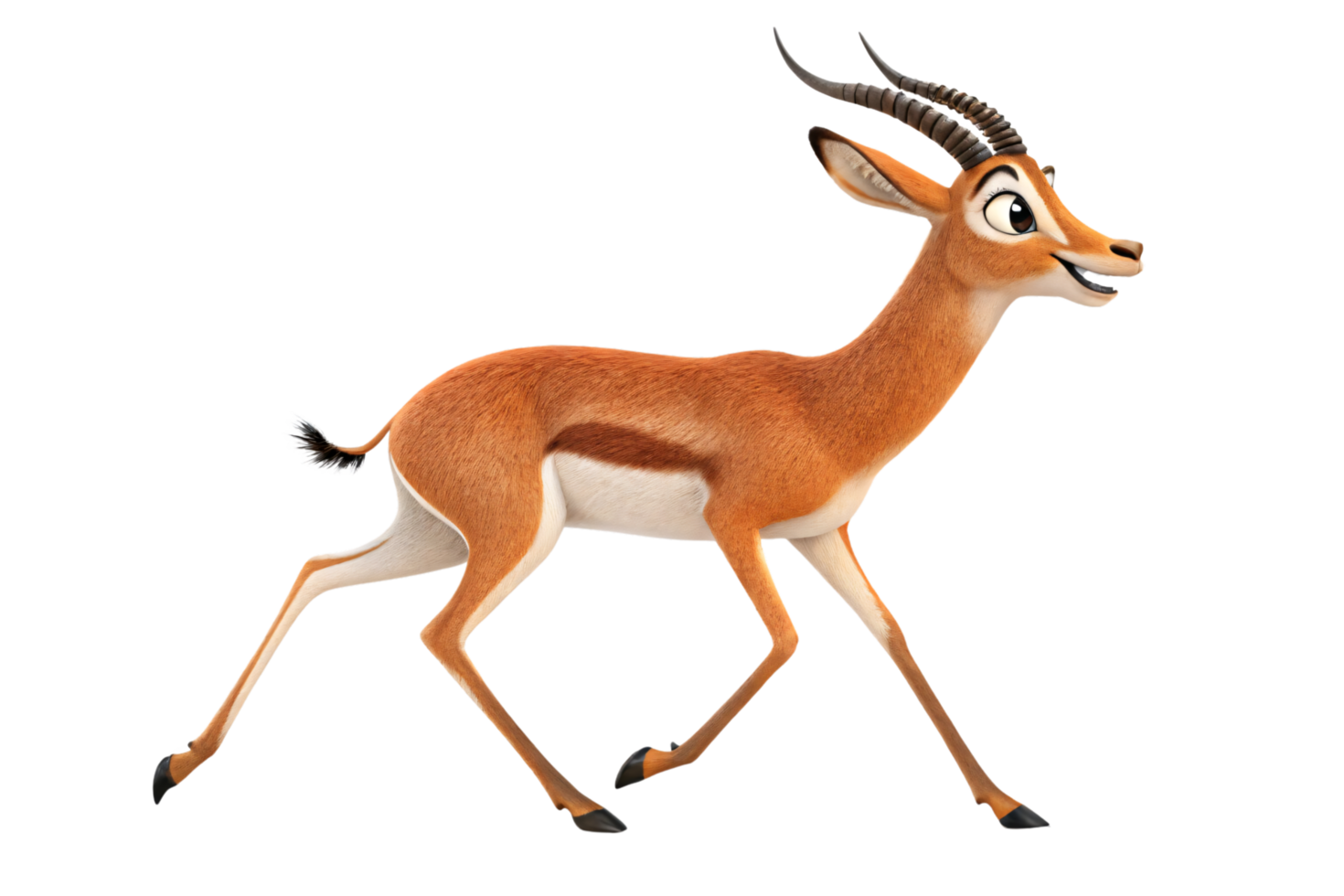 A lively antelope with slender legs, shiny black horns, and a sleek brown coat, caught mid-step in an elegant stride png