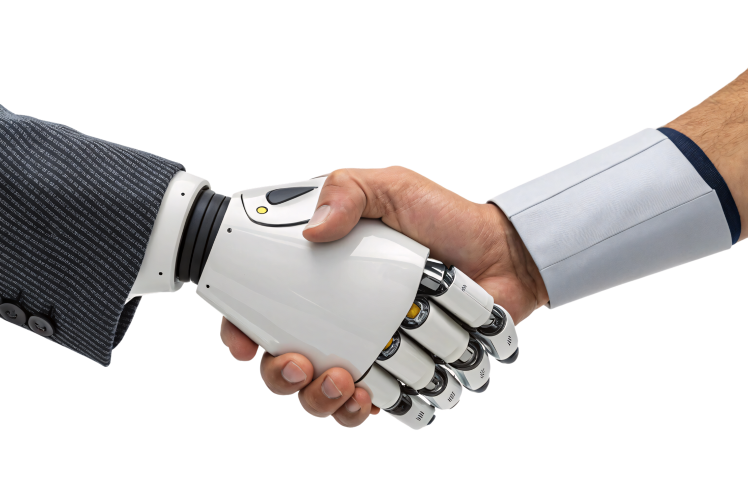 A formal handshake between a robotic and human hand, highlighting precision, partnership, and innovation in a corporate context png