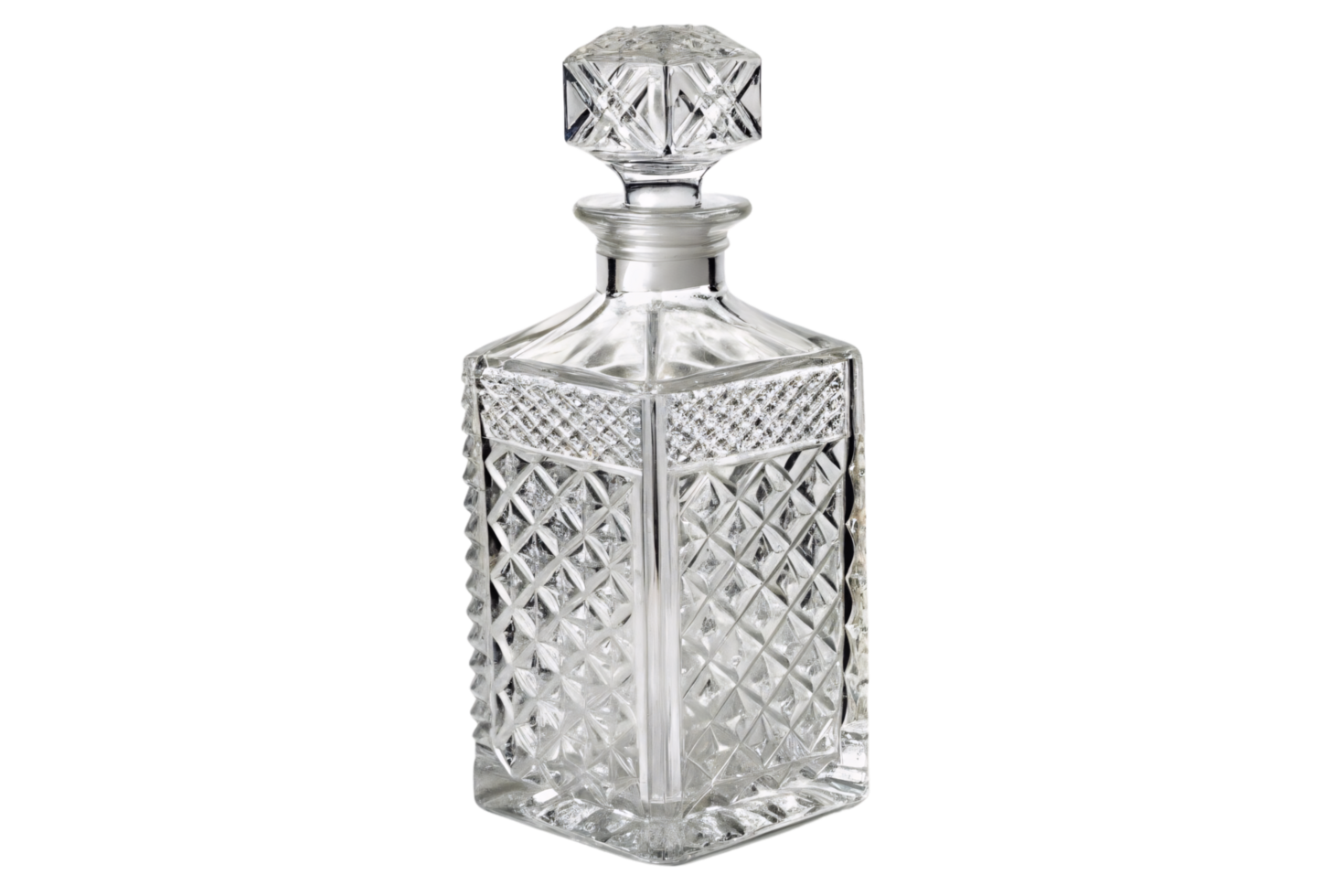 A diamond-patterned crystal decanter with a geometric stopper. Its elegant design evokes luxury and sophistication, perfect for spirits or fine display png