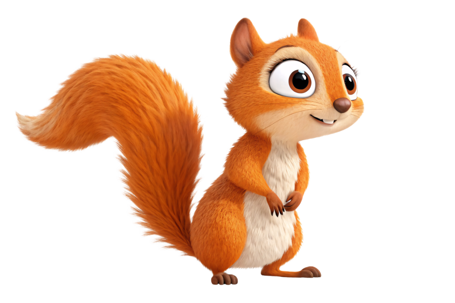 A bright orange squirrel with a fluffy tail, round eyes, and white belly, standing playfully with a cheerful expression png