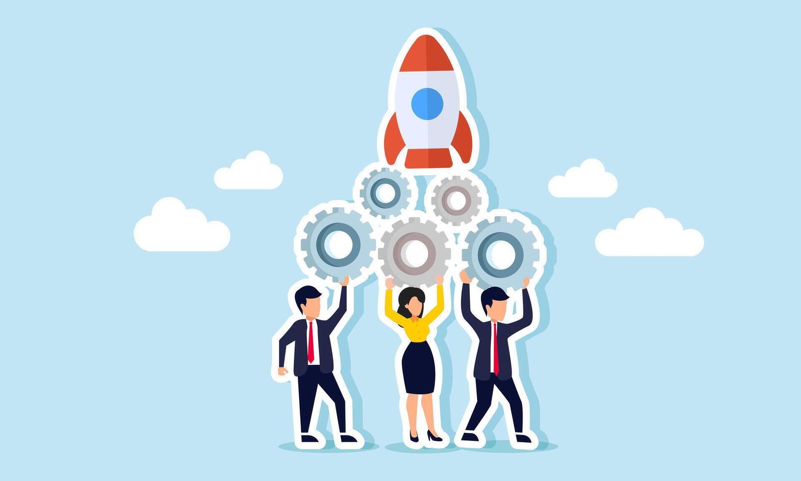 Businesspeople collaborate to assemble a gear system supporting a rocket, illustration of synergy in building a startup business vector