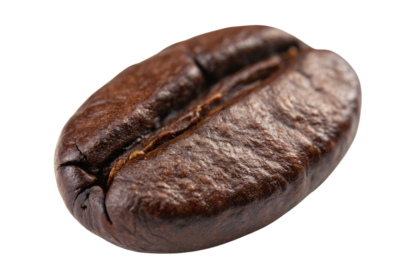 Macro shot of a glossy coffee bean intricate details, emphasizing its natural grooves, caramelized oils, and premium quality for coffee enthusiasts png