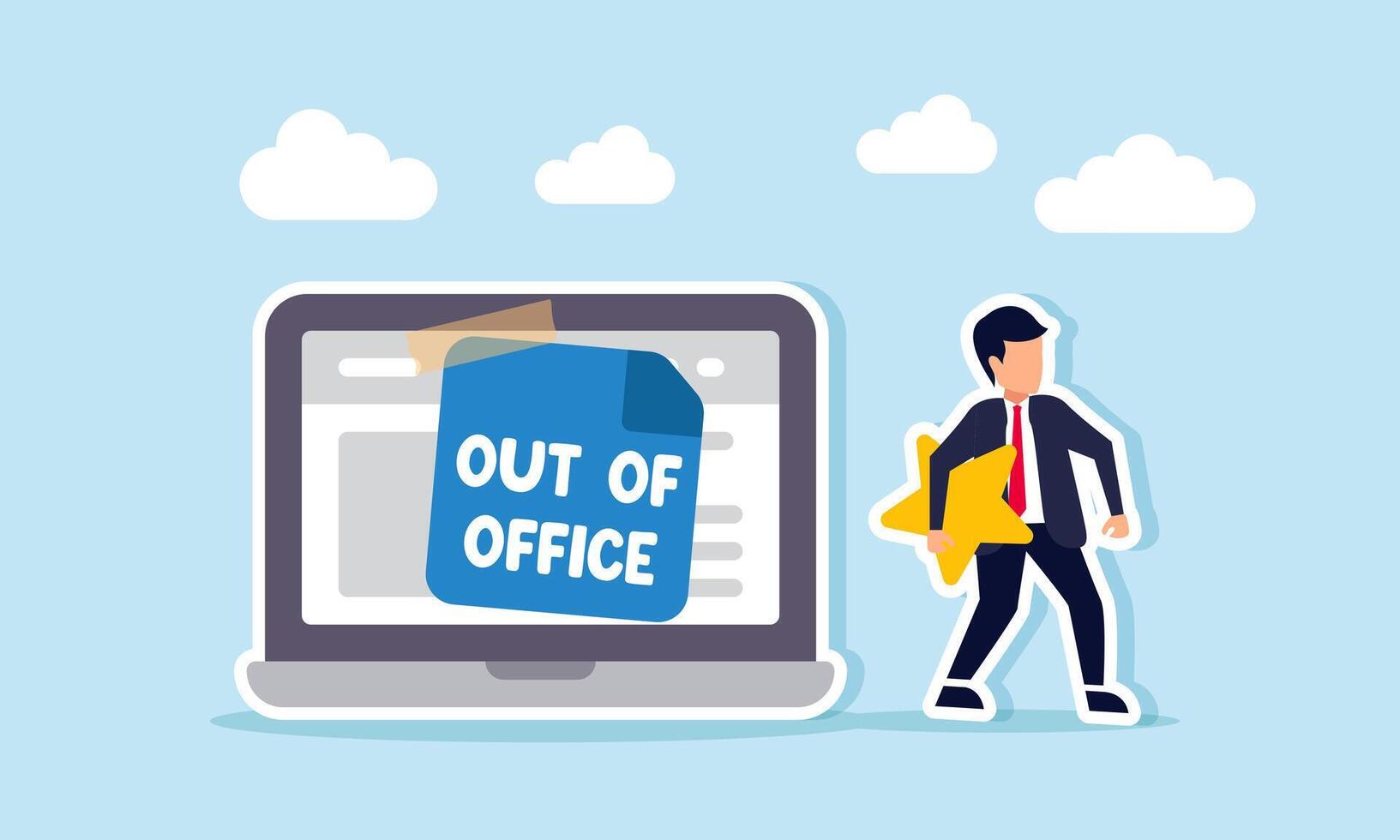 A businessman carries a star walking away from a laptop displaying OUT OF OFFICE, illustration of resigning from an office or company with strong individual quality vector
