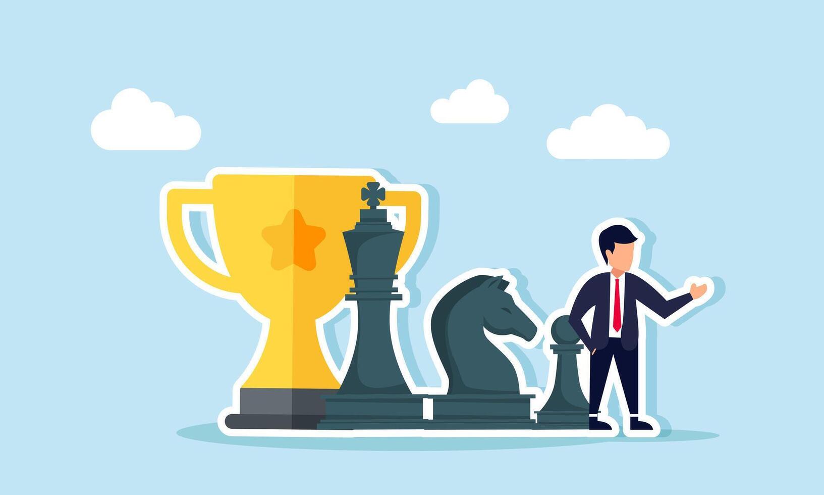 A businessman stands beside several chess pawns and a trophy, illustration of planning strategies to become a leading company vector