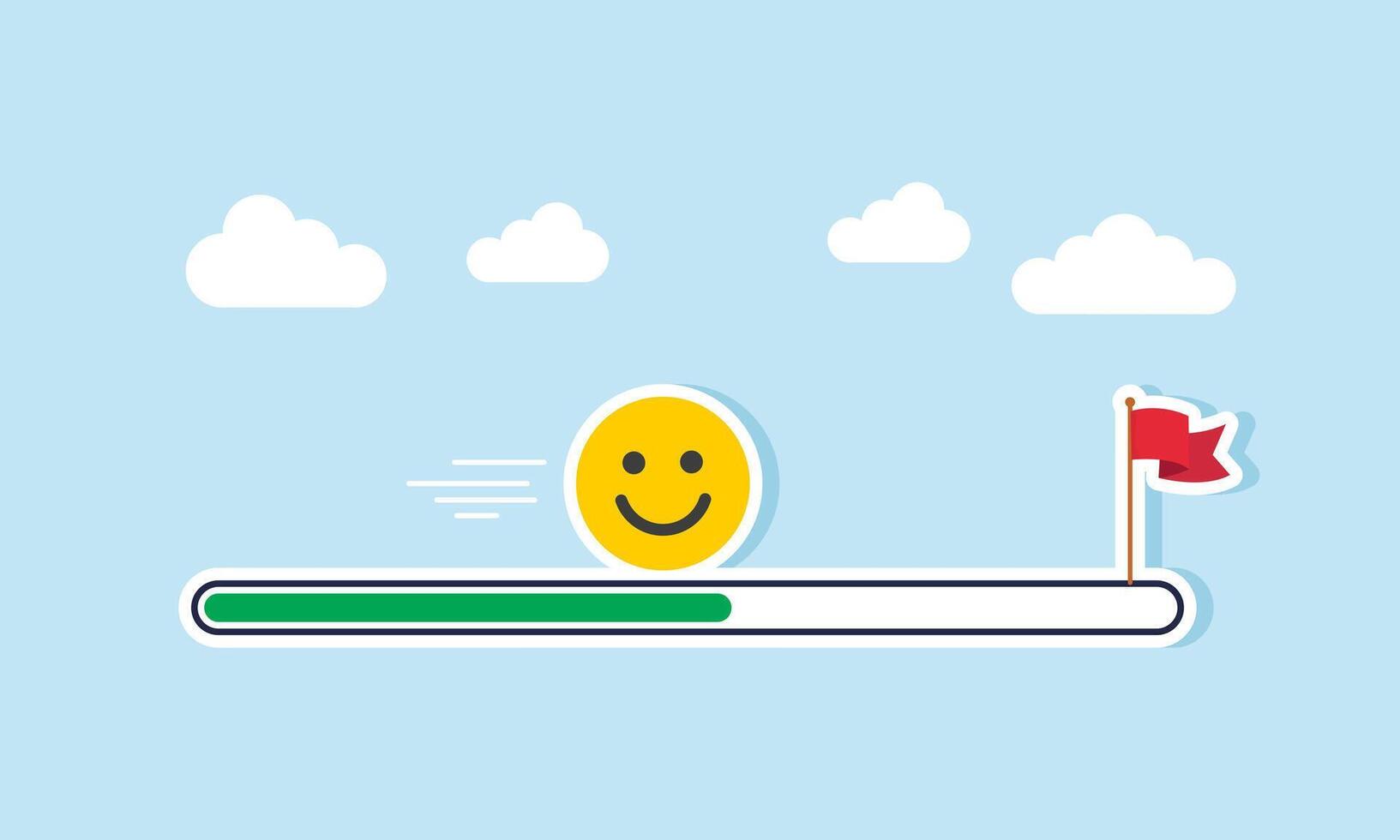 A happy emoticon moves toward a flagpole following the progress of a loading bar, illustration of progress in achieving positive market attention vector