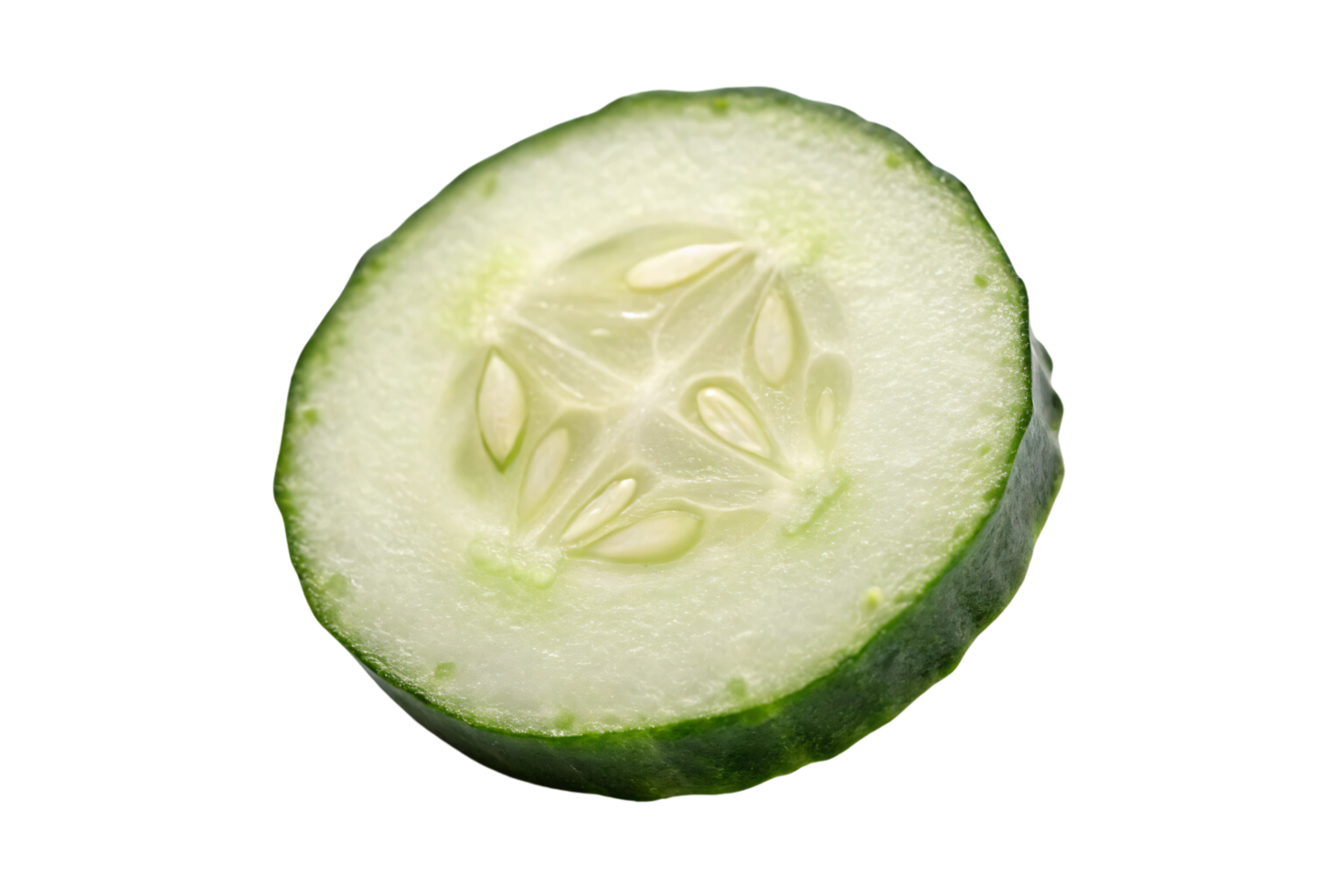 A cucumber slice, slightly angled, showcasing its crisp texture, light green skin, and translucent central seed arrangement png