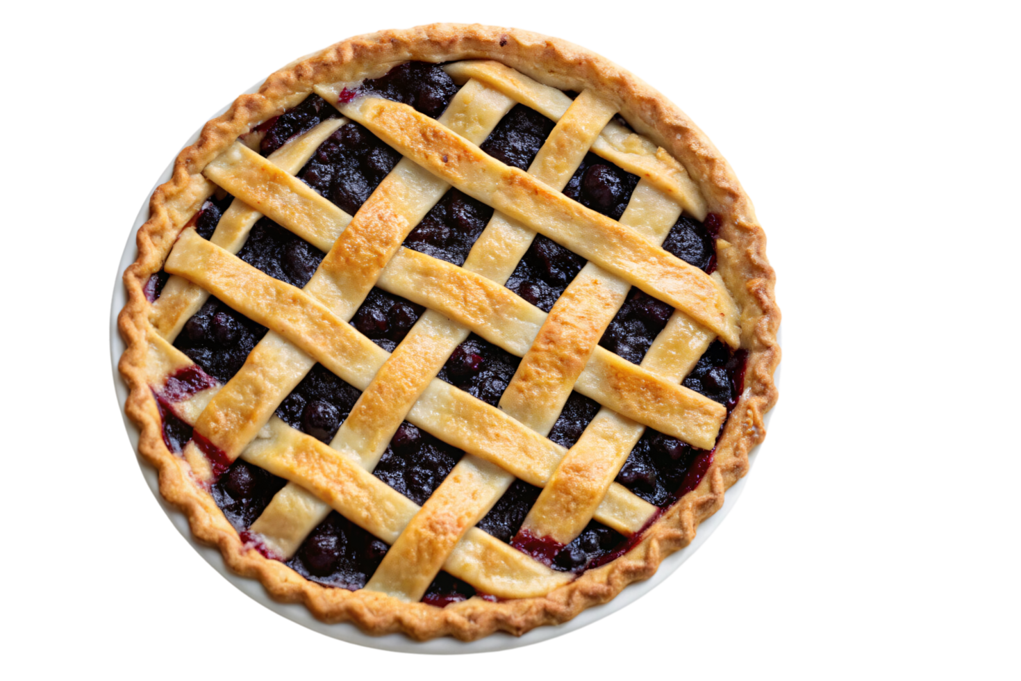 A lattice-top blueberry pie, perfectly glazed with a glossy finish. The crisscrossed crust patterns and vibrant filling highlight its irresistible, freshly baked appeal png