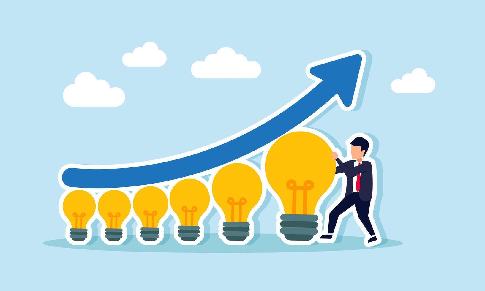 A businessman arranges a row of lamps forming a rising blue chart, illustration of designing ideas to increase business profit vector