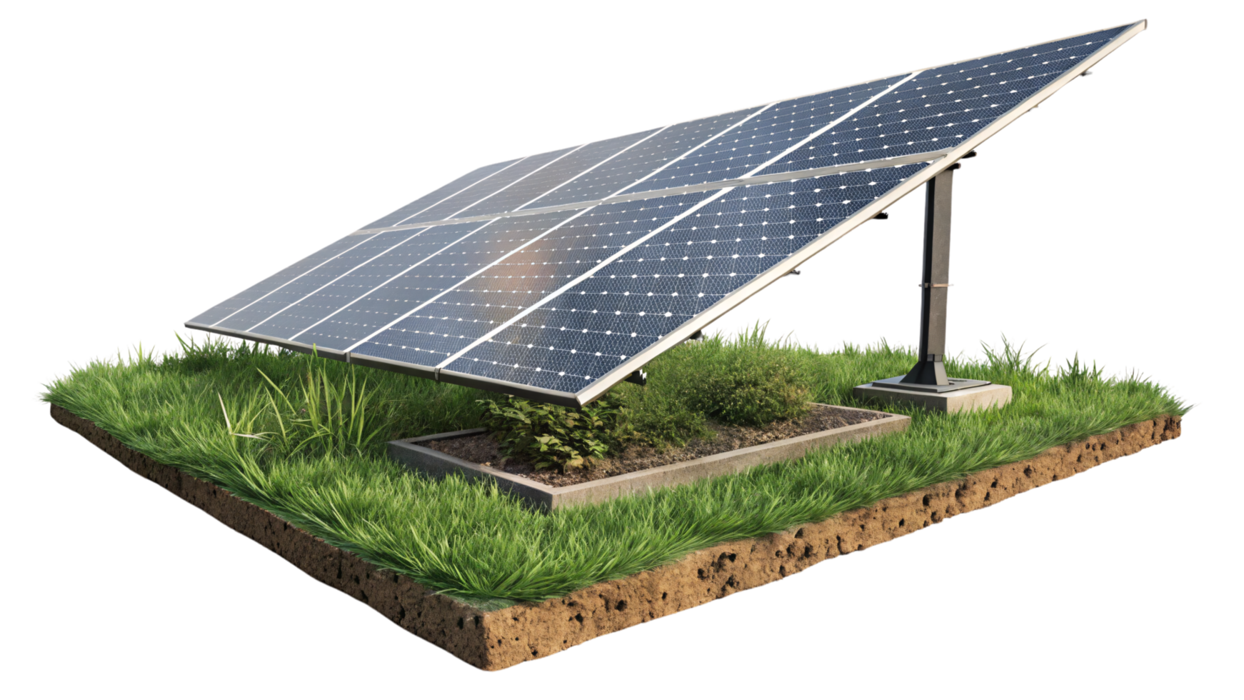 A solar panel installed on a ground-mounted frame surrounded by vibrant green grass and soil. The setup highlights sustainable energy within a natural environment png